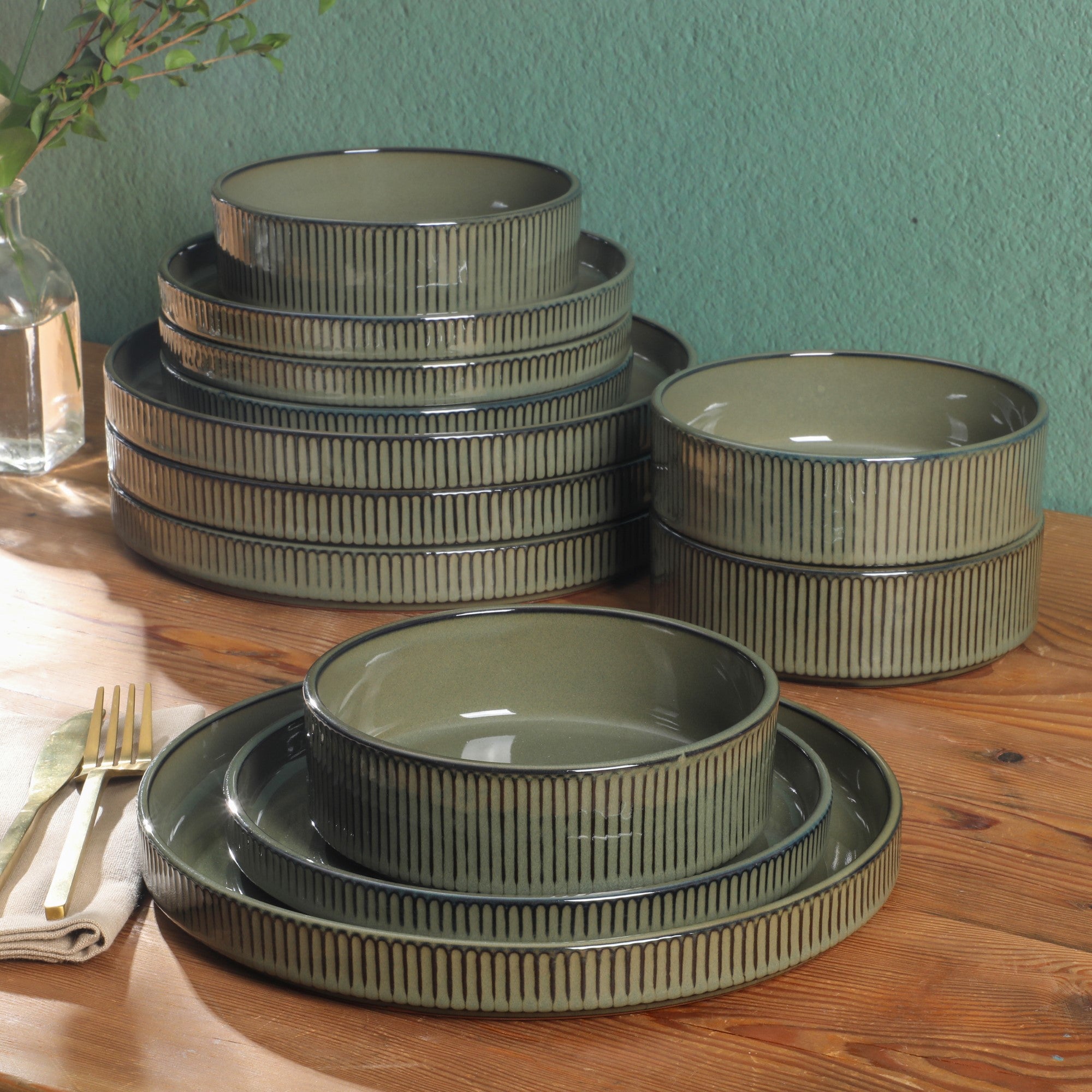 Gibson Elite Townscape 12 Piece (Service for 4) Plates and Bowls Reactive Glaze Embossed Round Dishes Terracotta Dinnerware Set - Image 2
