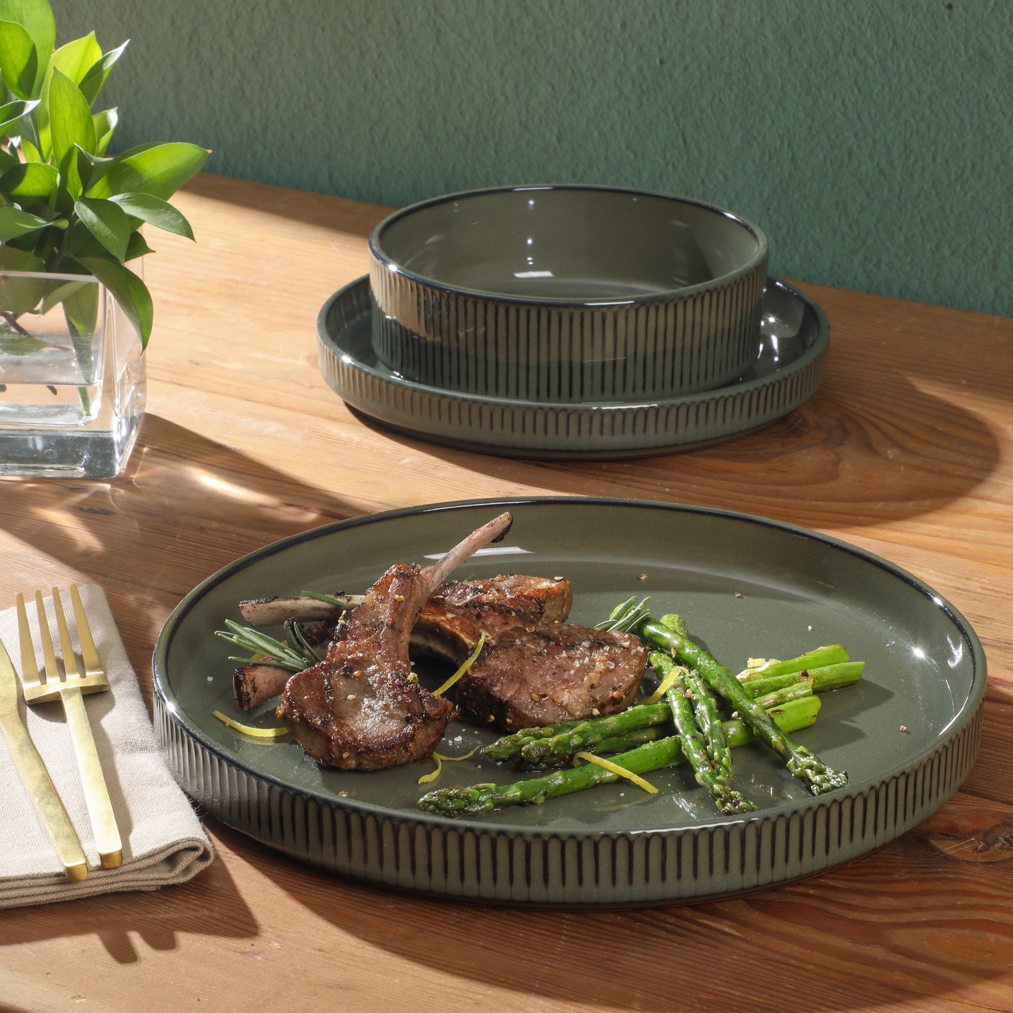 Gibson Elite Townscape 12 Piece (Service for 4) Plates and Bowls Reactive Glaze Embossed Round Dishes Terracotta Dinnerware Set - Image 11