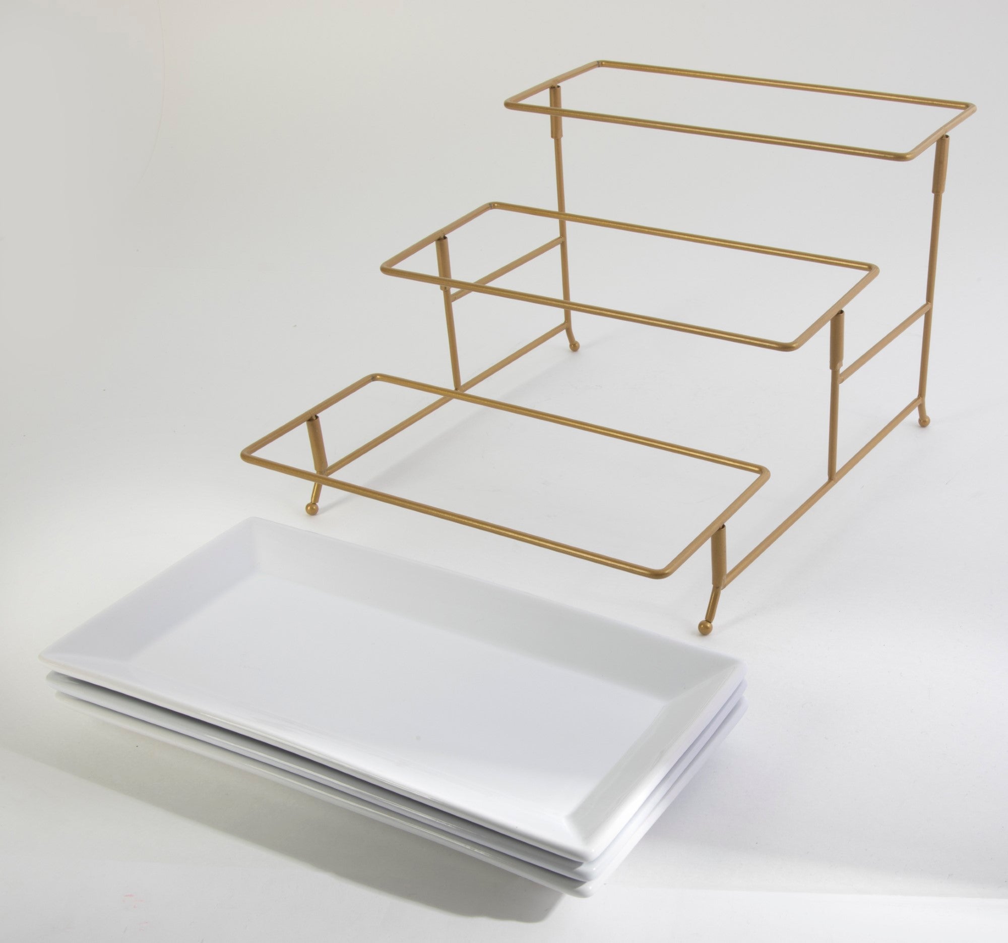 Gibson Home Gracious Dining Dinnerware, 3-Tier Rectangle Plate Serving Set with Gold Metal Stand, White - Image 7