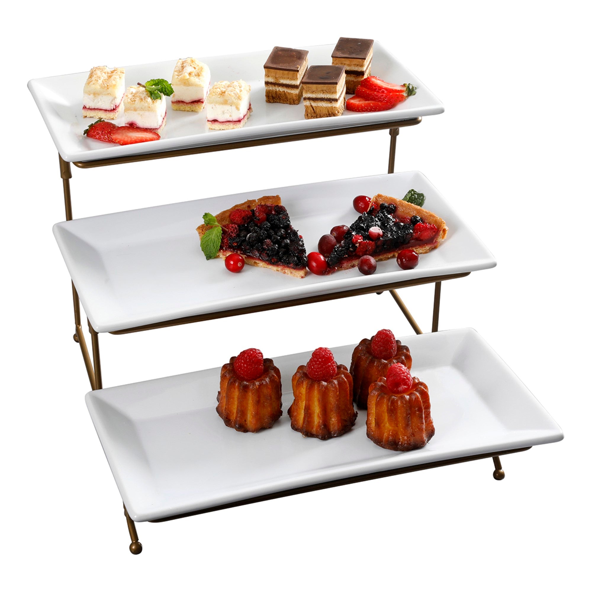 Gibson Home Gracious Dining Dinnerware, 3-Tier Rectangle Plate Serving Set with Gold Metal Stand, White - Image 3