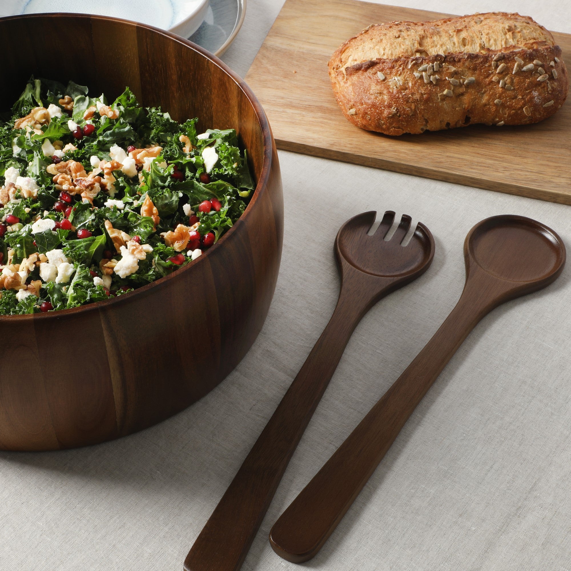 Gibson Home Laurelton 3 Piece Large 13" Acacia Wood Salad Serving Bowl Set w/ 2 Serving Tools - Image 10