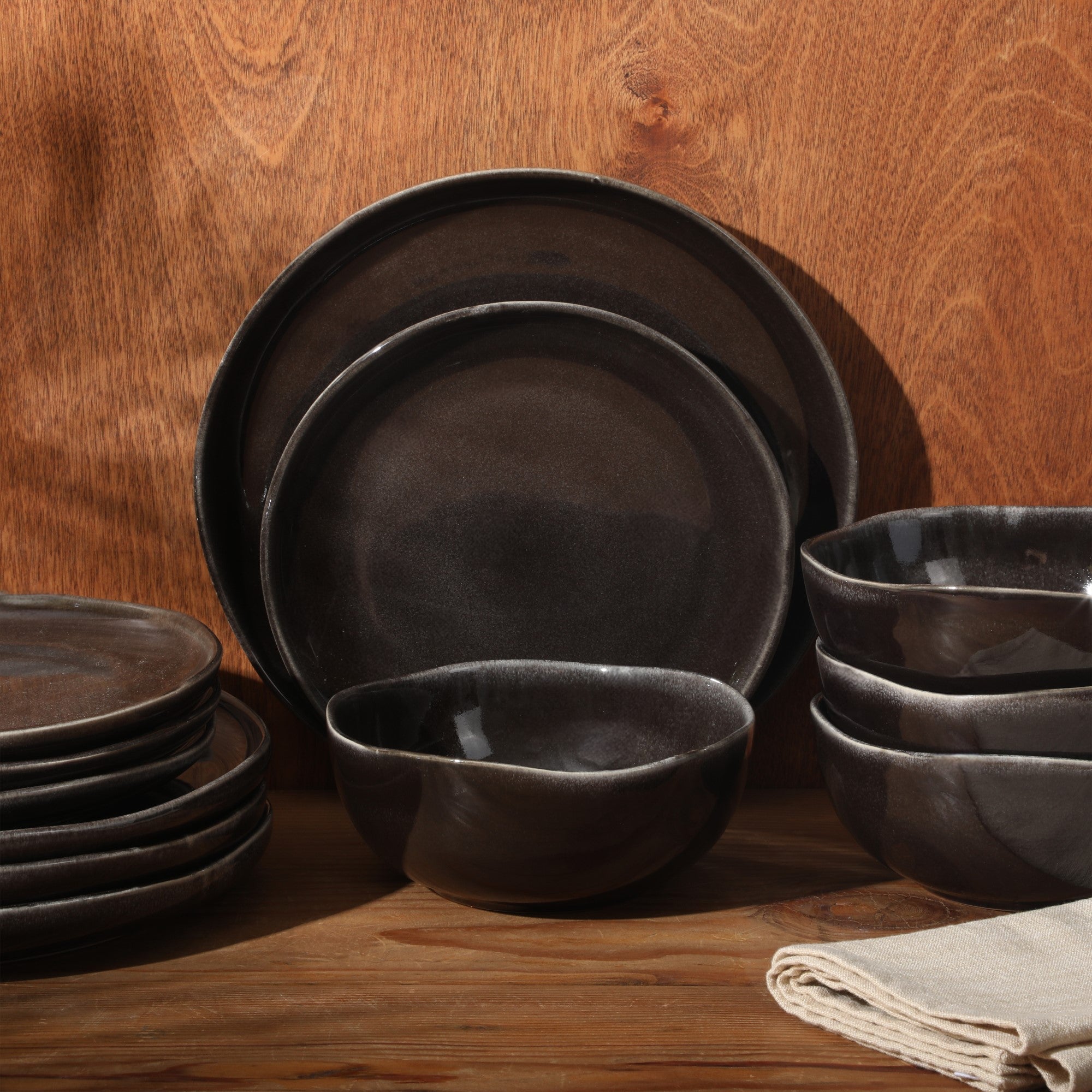 Gibson Soho Lounge Nardini 12 Piece (Service for 4) Plates and Bowls Reactive Glaze Dishes Stoneware Ceramic Dinnerware Set - Black and Blue - Image 11