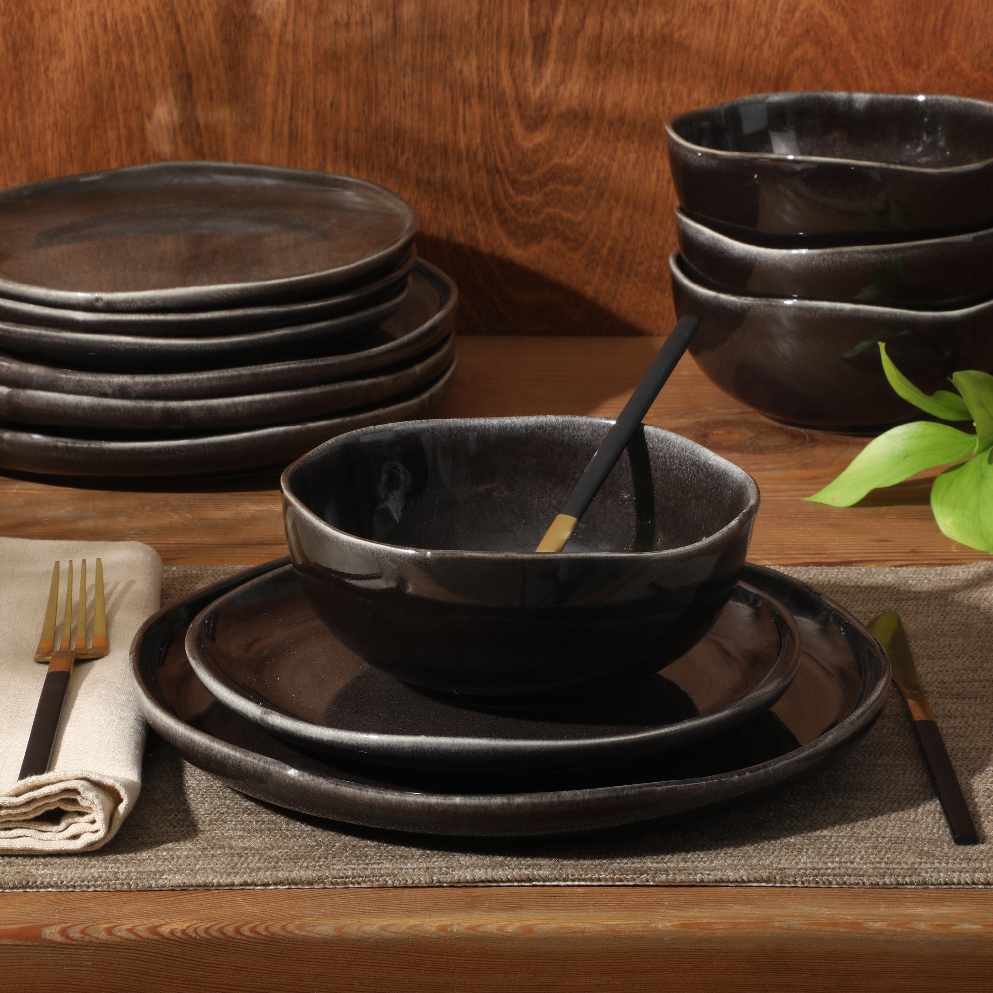 Gibson Soho Lounge Nardini 12 Piece (Service for 4) Plates and Bowls Reactive Glaze Dishes Stoneware Ceramic Dinnerware Set - Black and Blue - Image 12