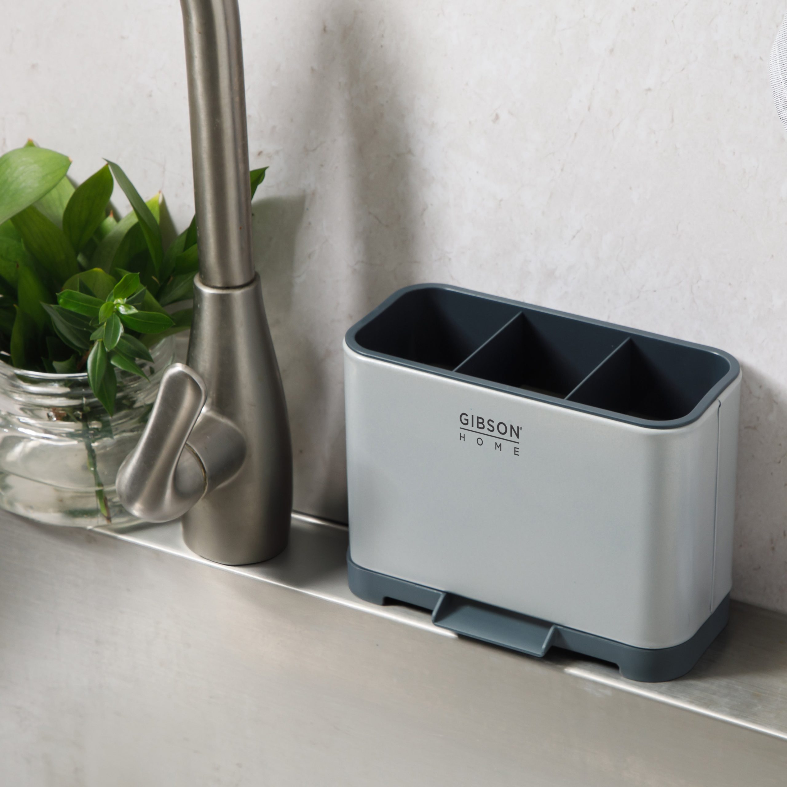 Gibson Home Ledgebrook Sink Caddy With Metal Panel, Sponge Holder for Kitchen Sink, Countertop Organizer and Storage Essentials With Drain Board - Image 4