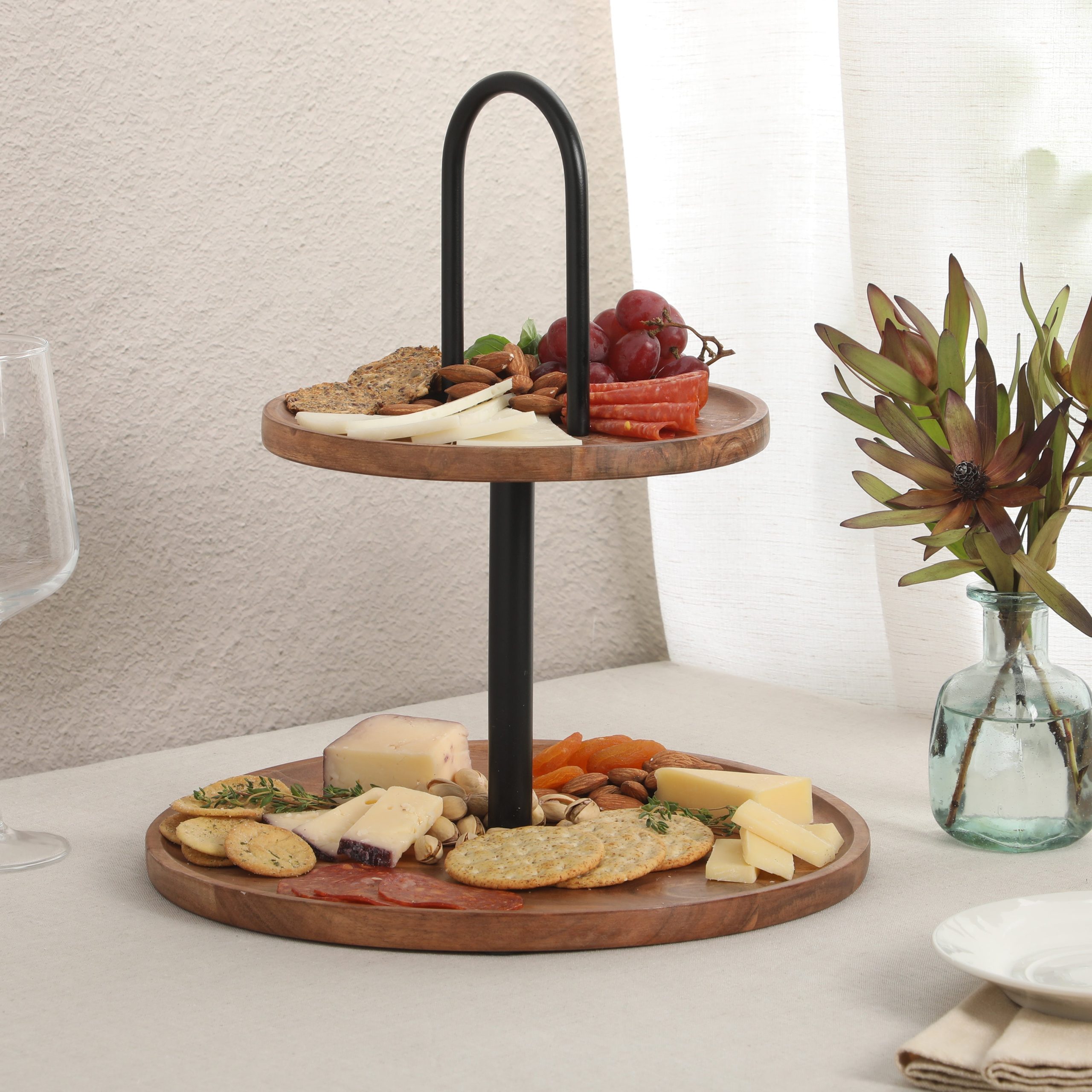 Gibson Home Gracious Dining 2-Tier Round Acacia Wood Serving Tray – Rustic Charcuterie Board Stand with Black Iron Handle – Tiered Party Platter, Dessert Display or Lazy Susan for Entertaining - Image 2