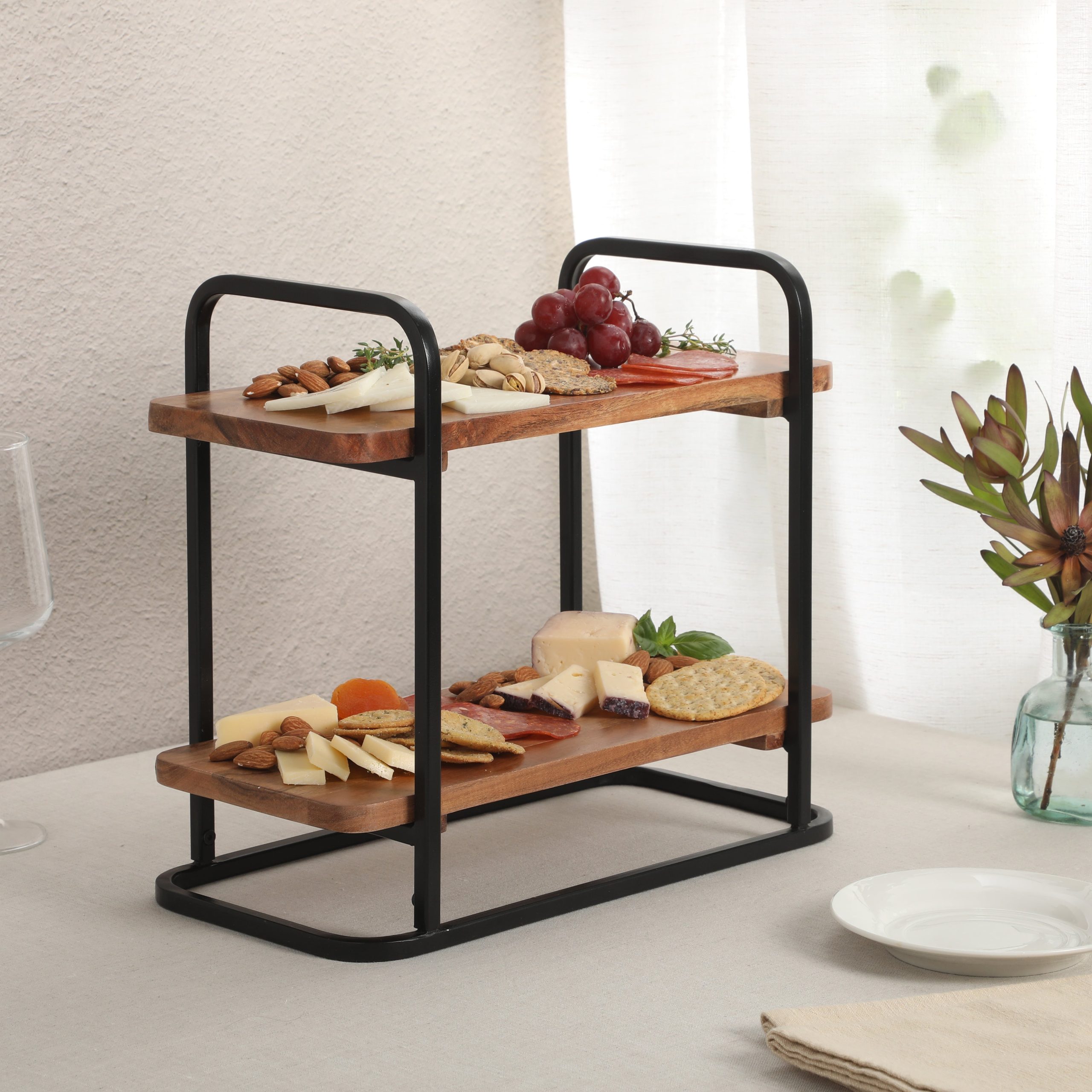 Gibson Home Gracious Dining 2-Tier Wooden Serving Tray with Metal Frame – Acacia Wood Rectangle Charcuterie Board, Cheese Platter, Dessert Display Stand for Buffet, Kitchen, Dining, or Events - Image 2
