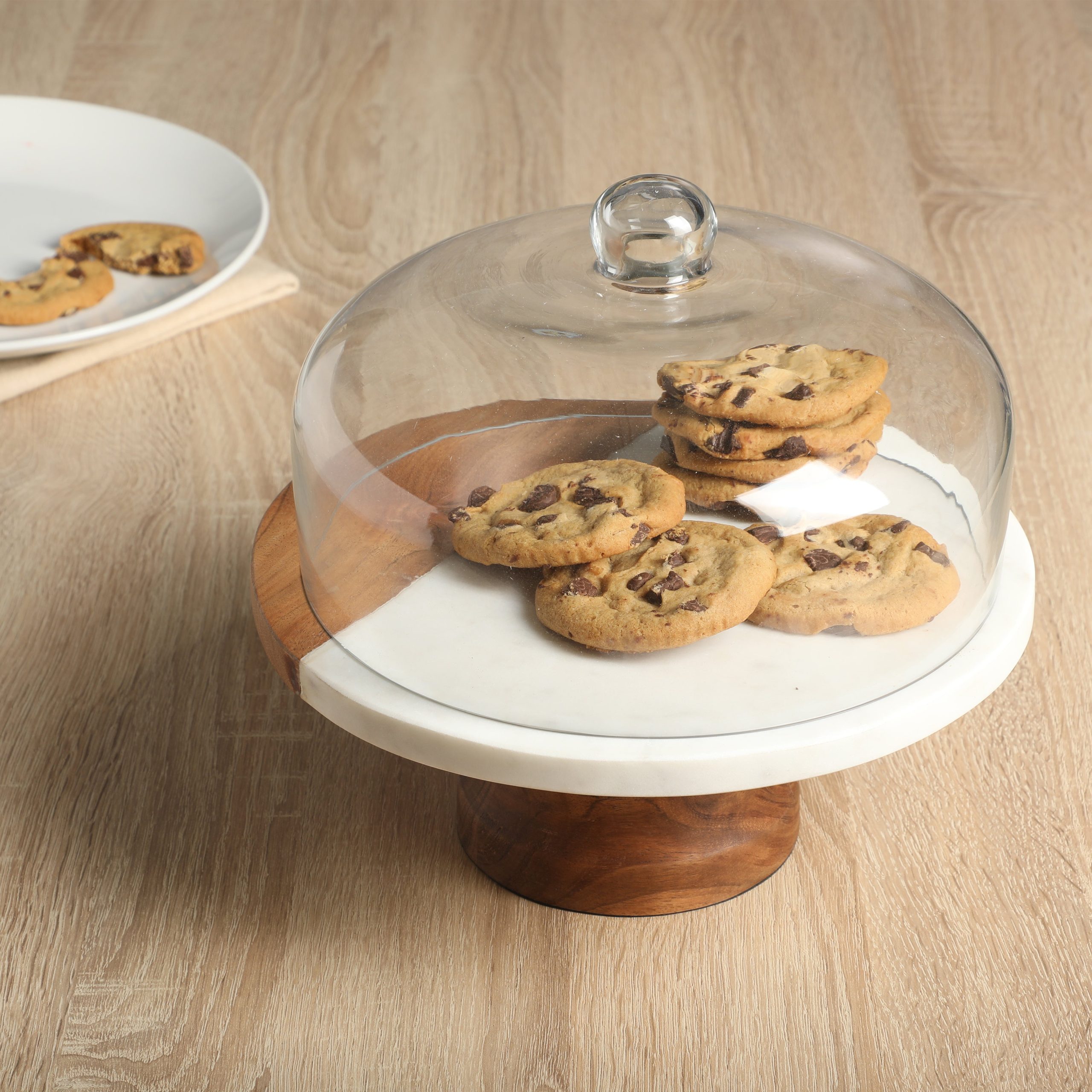 Gibson Elite Ridgehaven 10" Marble & Wood Cake Stand, Serving Platter, Charcuterie Board, and Center Piece Home Décor With Glass Lid - Image 2