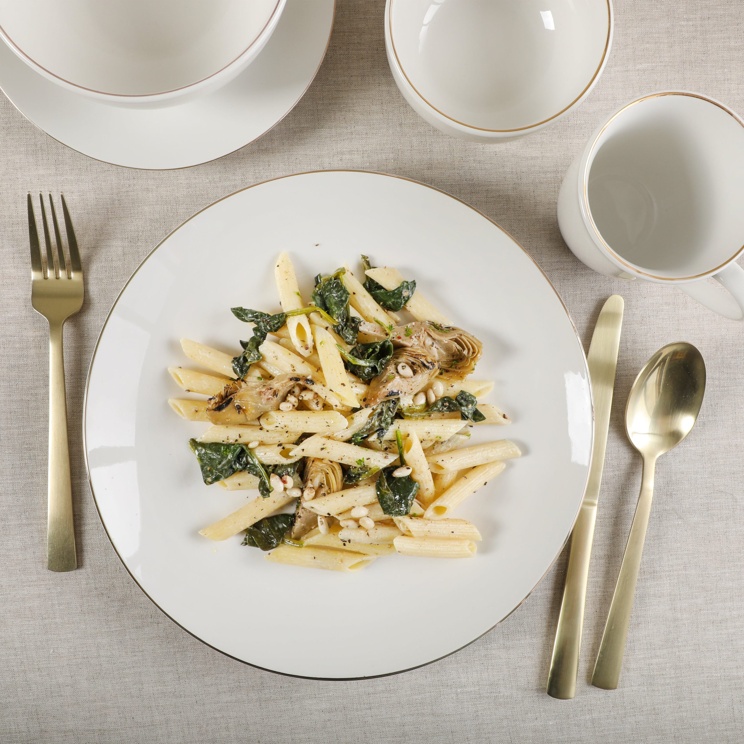 Gibson Home Ogalla 30 Piece Plates, Bowls, & Mugs Dinnerware Set - Service for 6 - White Porcelain W/ Gold Band - Image 4