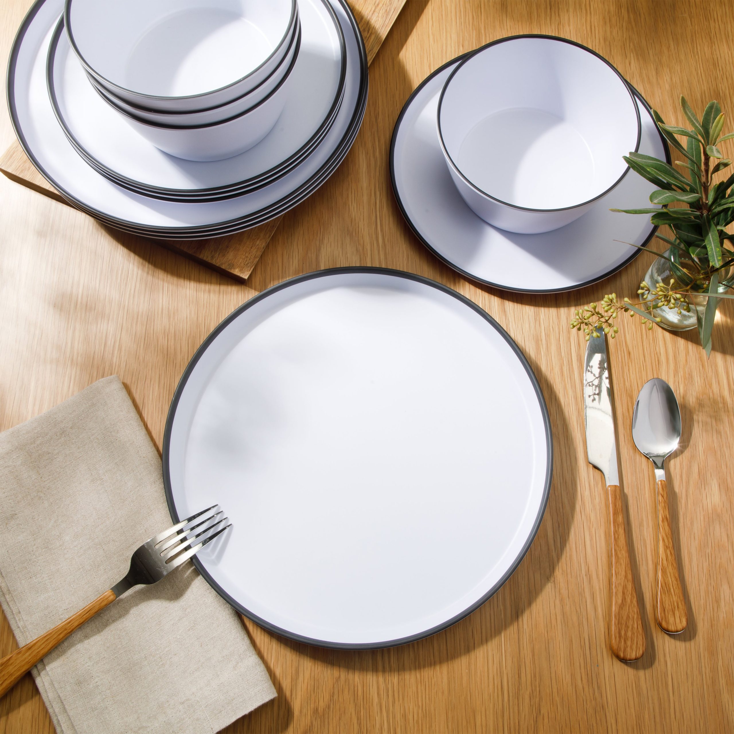 Gibson Home Folsom Shores 12 Piece Unbreakable Modern Melamine Plates and Bowls Dinnerware Set - Outdoor, Camping, & Everyday Use - White W/ Black Rim - Image 4