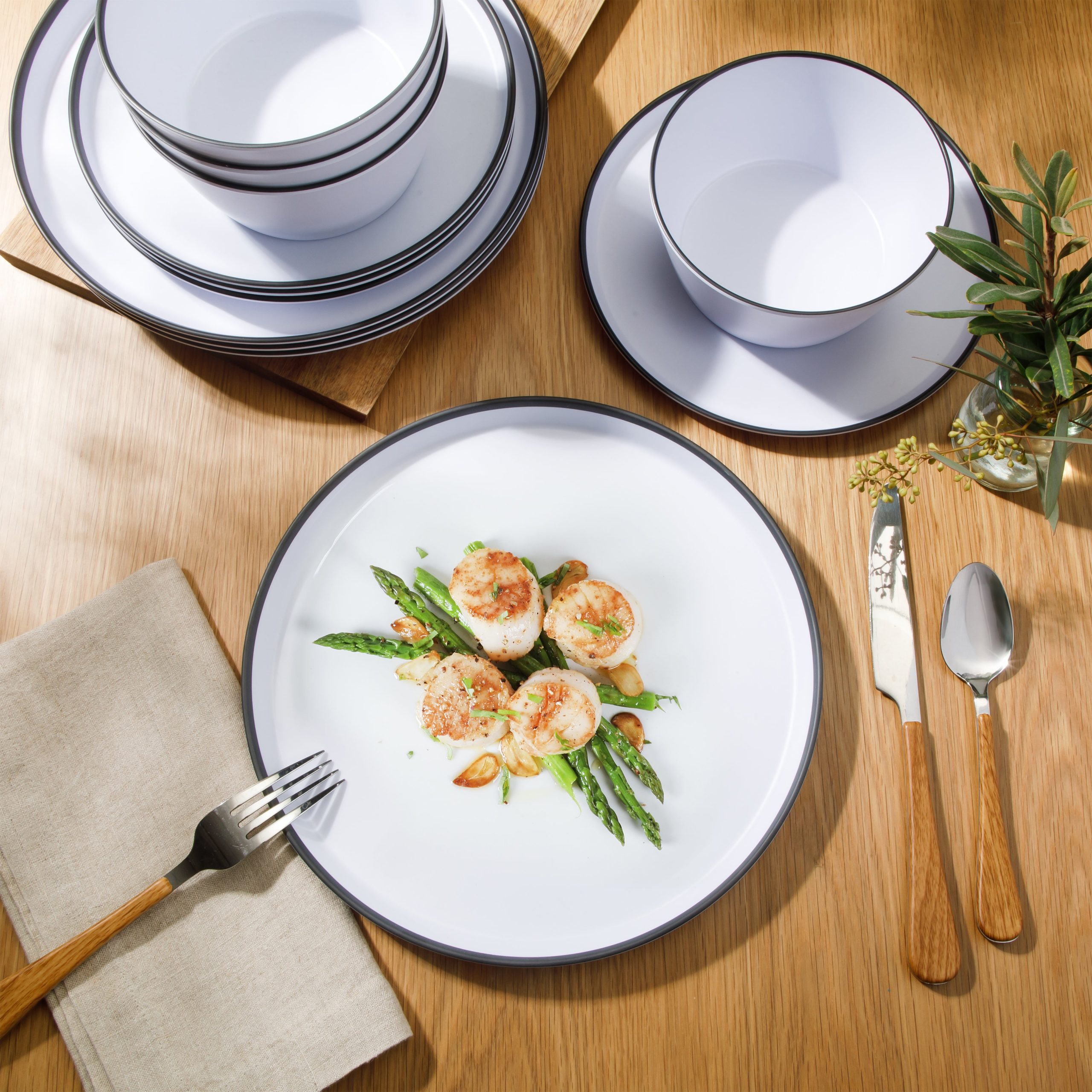 Gibson Home Folsom Shores 12 Piece Unbreakable Modern Melamine Plates and Bowls Dinnerware Set - Outdoor, Camping, & Everyday Use - White W/ Black Rim - Image 3