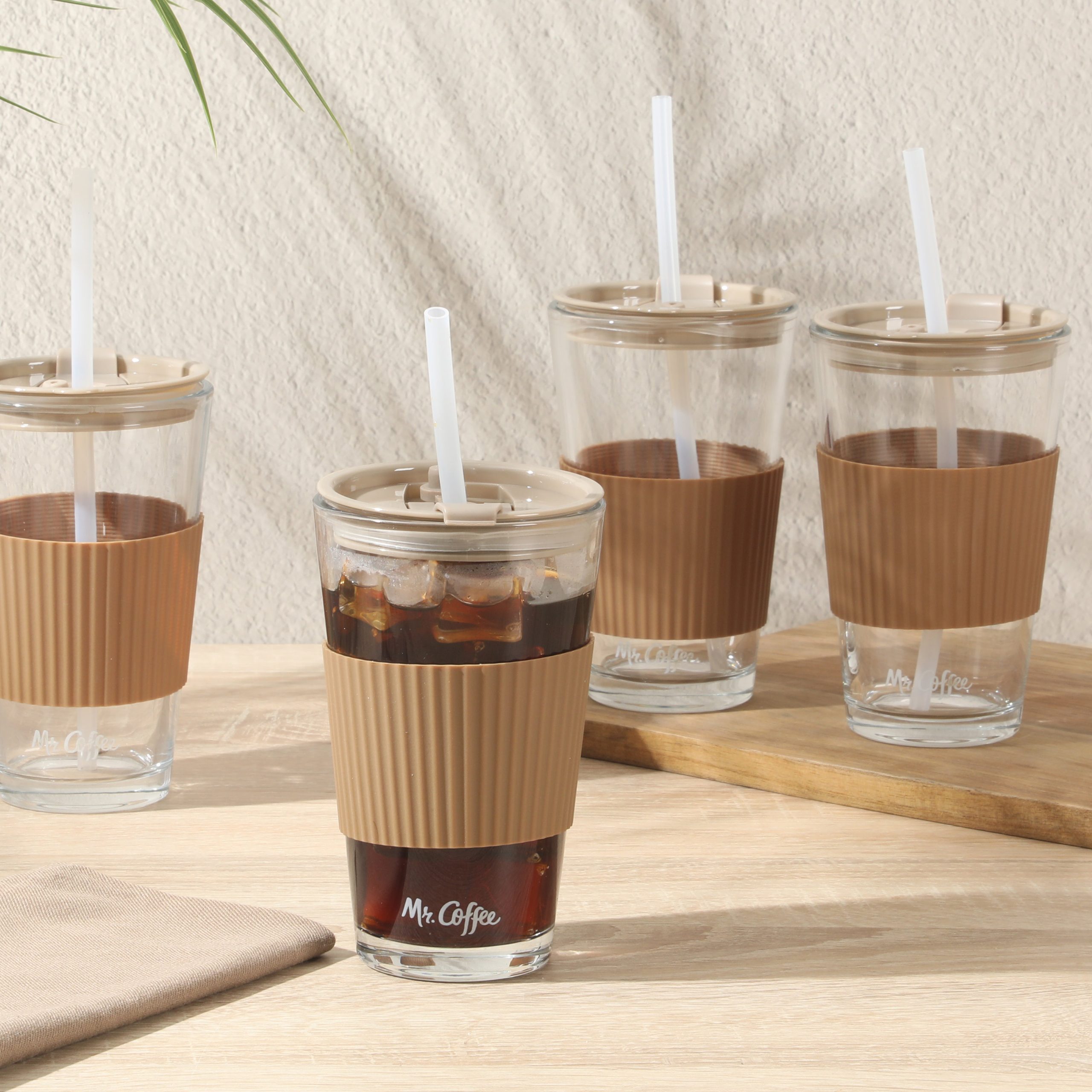 Mr. Coffee Sip Savvy 4-Pack 15oz Glass Tumblers with Lids and Straws – Reusable Iced Coffee Cups – Dishwasher Safe – To-Go Drinkware Water Glasses - Image 2