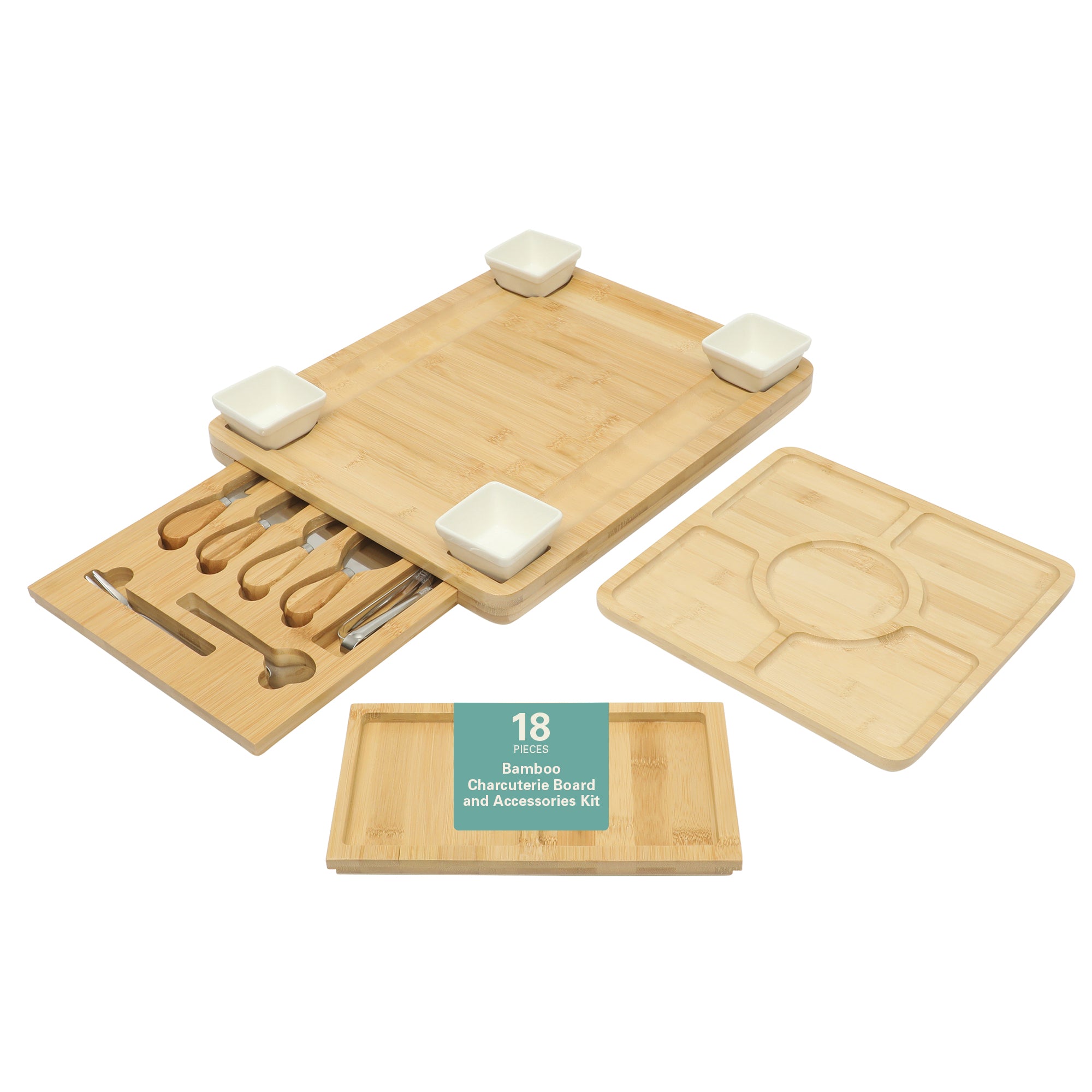 Gibson Home Rustic Inspirations 18-Piece Bamboo Charcuterie Board Set for Serving – Large Cheese & Fruit Tray with Hidden Drawer, Ceramic Bowls, Utensils – Gift for Entertaining, Housewarming, Holidays - Image 2