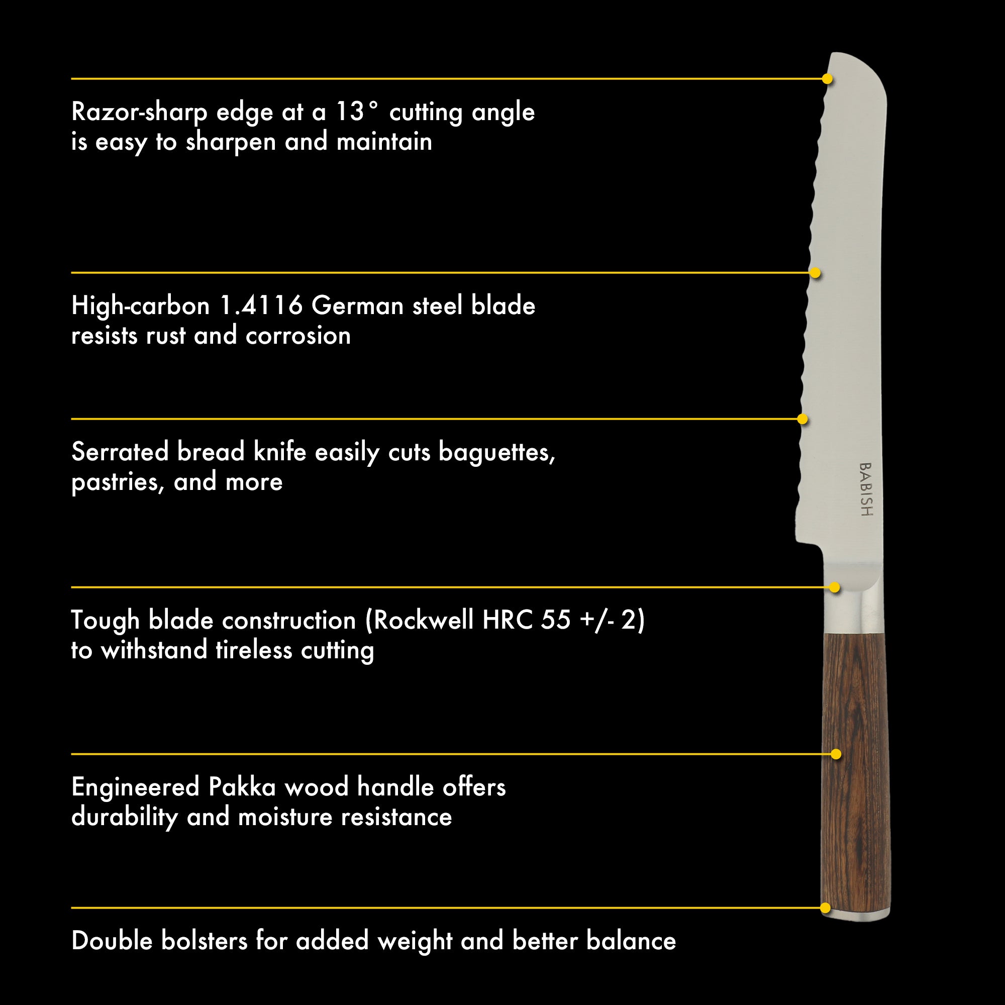 Babish 8-Inch Bread Knife – High-Carbon 1.4116 German Steel Serrated Knife with Pakka Wood Handle, Full-Tang Razor Sharp Kitchen Knife for Slicing Bread, Crusting & Artisan Loaves - Image 3