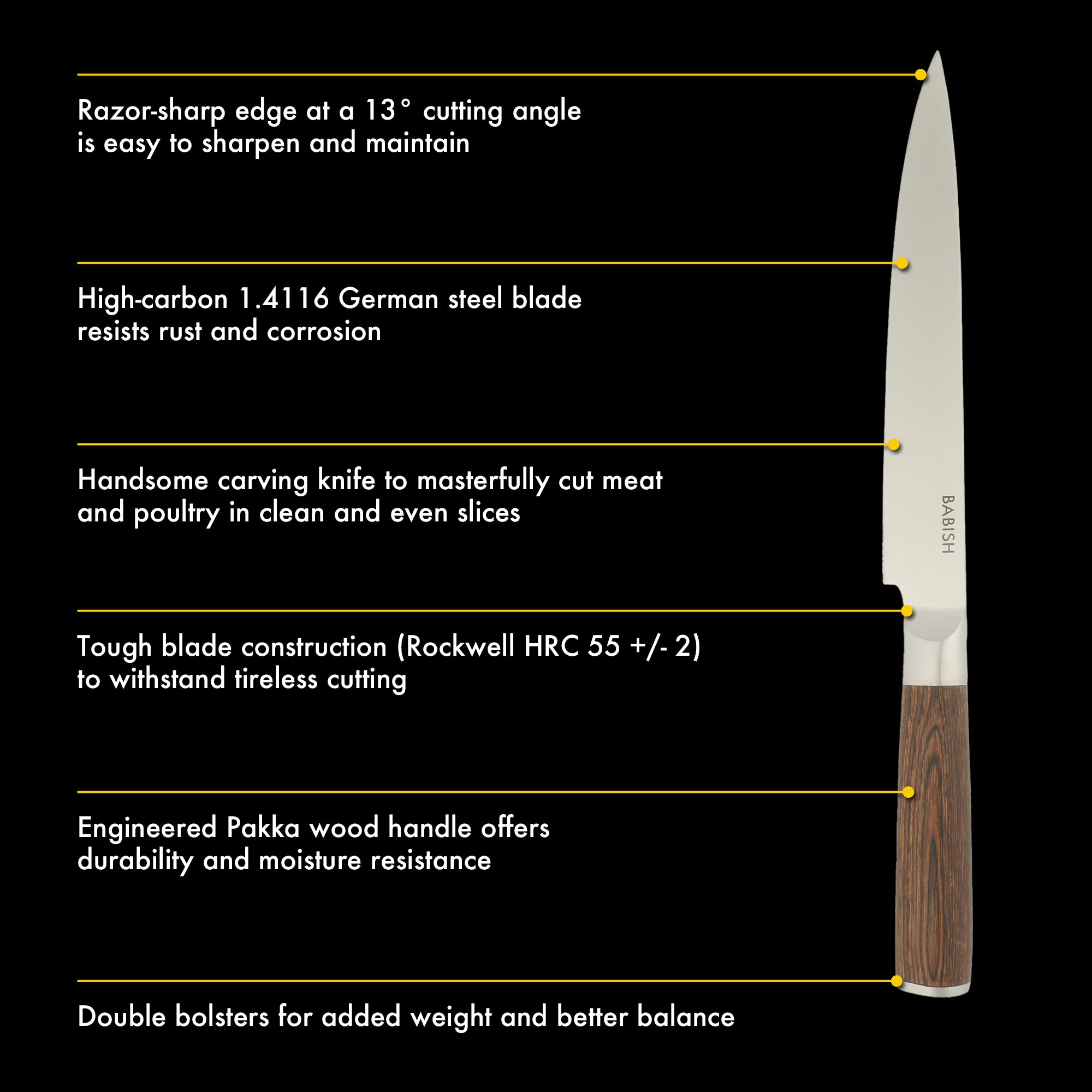 Babish 8-Inch Carving Knife – High-Carbon 1.4116 German Steel Slicing Knife with Dark Pakka Wood Handle, Full-Tang Razor Sharp Blade for Carving Meat, Turkey, Roast & BBQ - Image 3