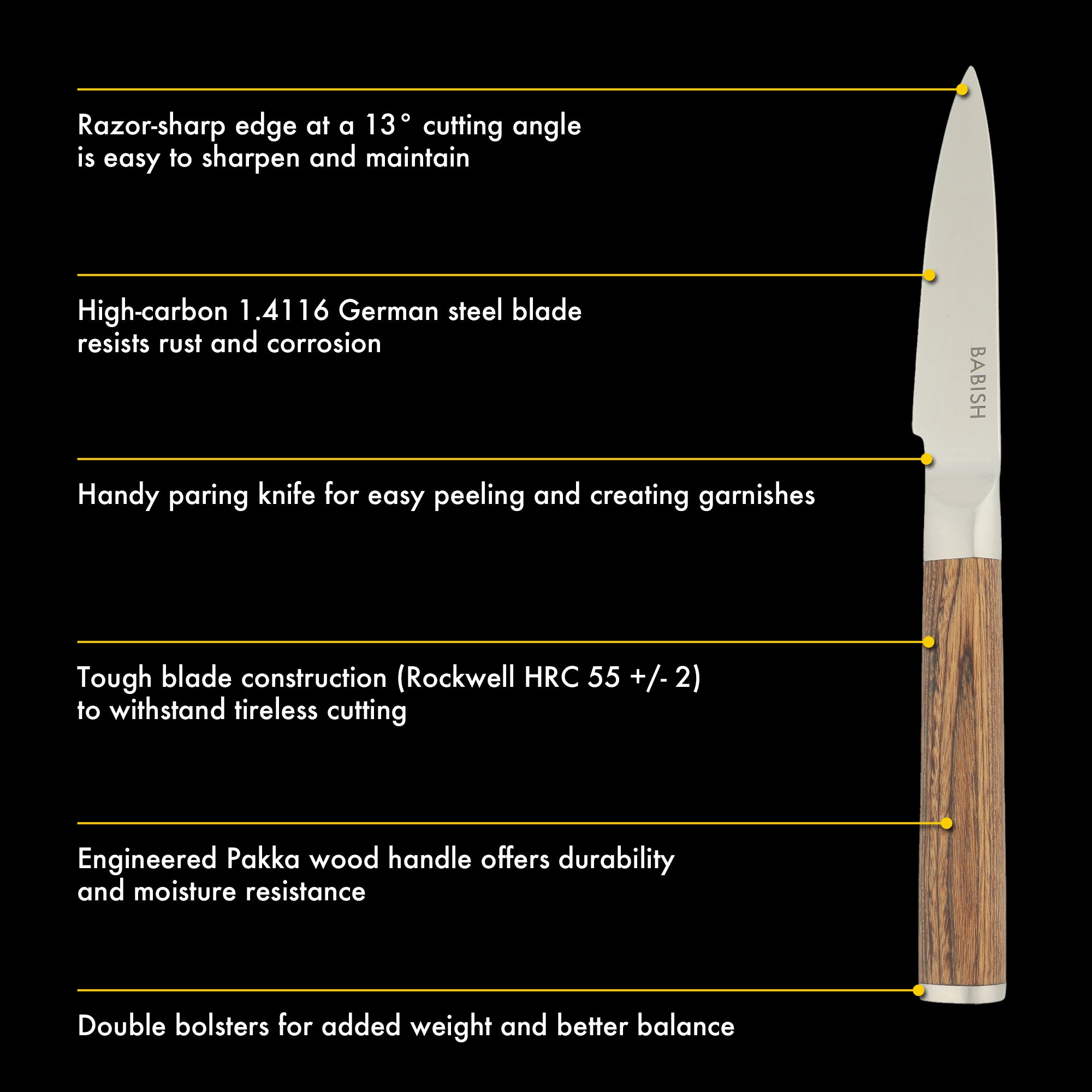Babish 1.4116 German Stainless Steel Paring Knife with Pakka Wood Handle – 3.5-Inch Precision Kitchen Knife for Peeling, Trimming & Prep Work, Full-Tang Blade - Image 10