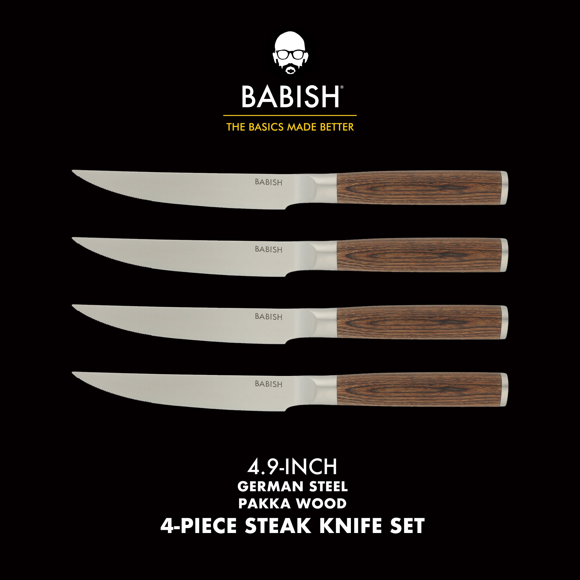Babish 4-Piece 1.4116 German Stainless Steel Steak Knife Set with Pakka Wood Handles – Full-Tang Steak Knives for Dining, Entertaining & Everyday Table Use - Image 2