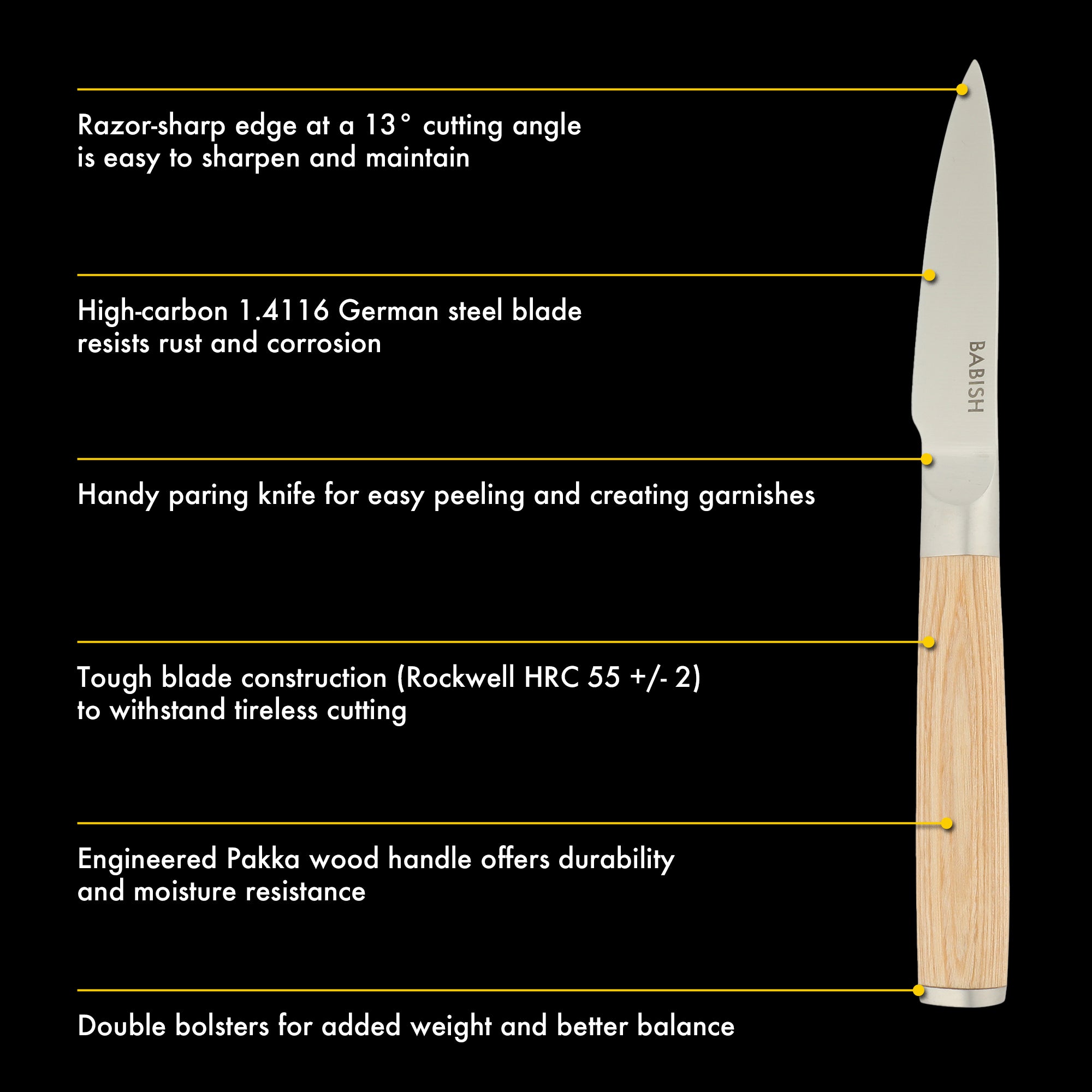 Babish 1.4116 German Stainless Steel Paring Knife with Pakka Wood Handle – 3.5-Inch Precision Kitchen Knife for Peeling, Trimming & Prep Work, Full-Tang Blade - Image 3