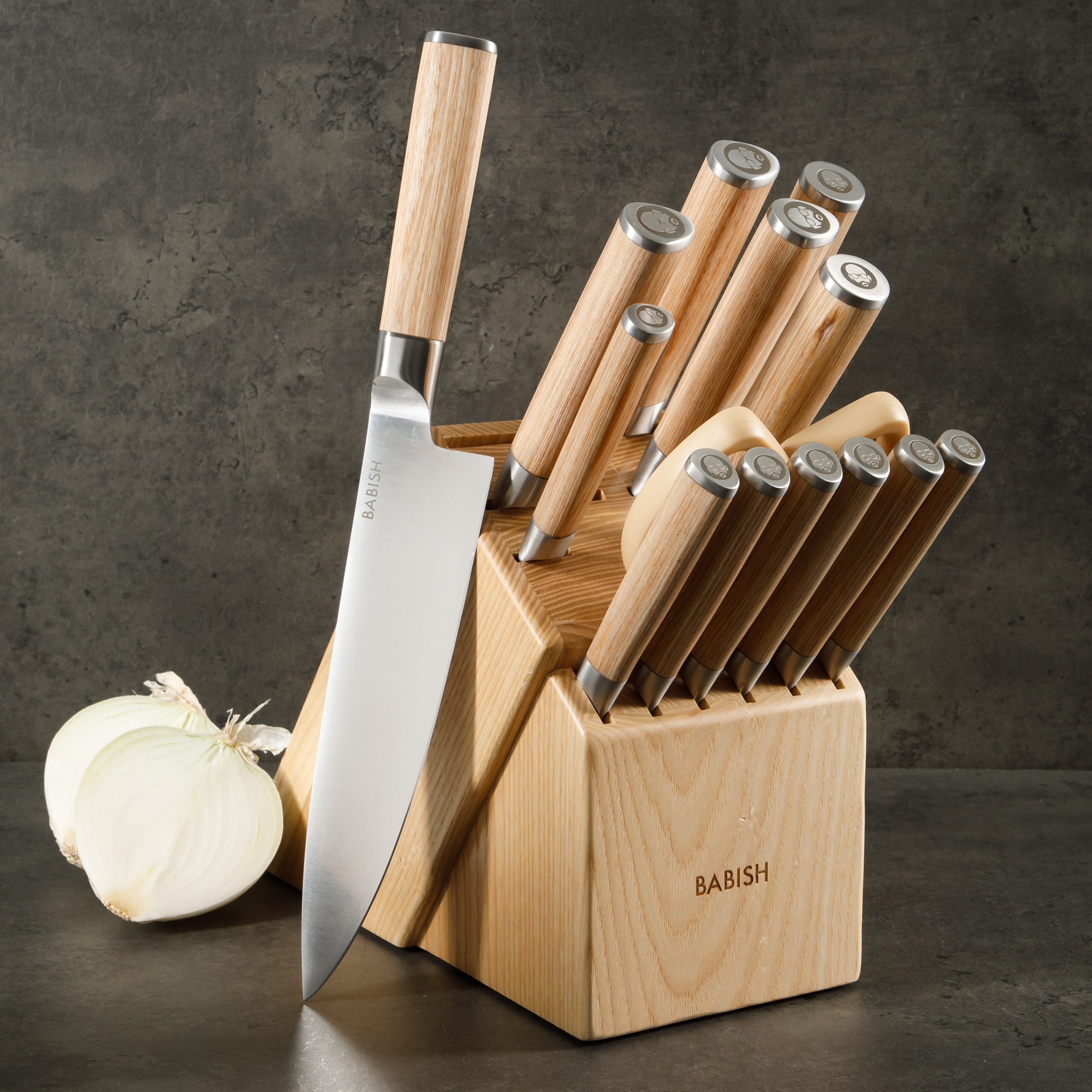 Babish High-Carbon 1.4116 German Steel 15 Piece Full Tang Forged Cutlery Kitchen Knife Block Set - Light/Dark Pakka Wood Handle - Image 2