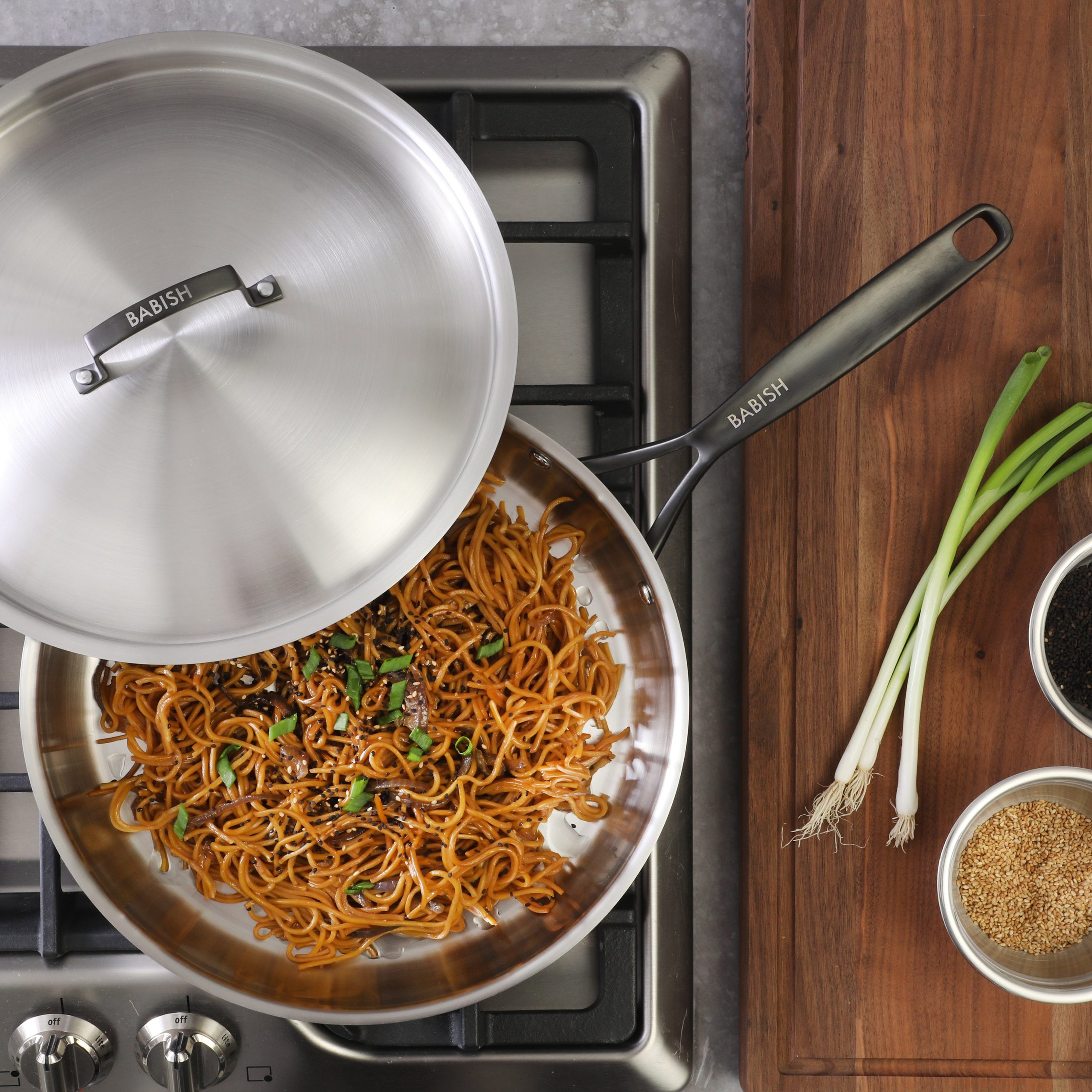 Babish 12-Inch Tri-Ply Stainless Steel Frying Pan with Lid & Black Handle – Professional Grade Skillet for Searing, Sautéing & Even Heat Cooking - Image 3
