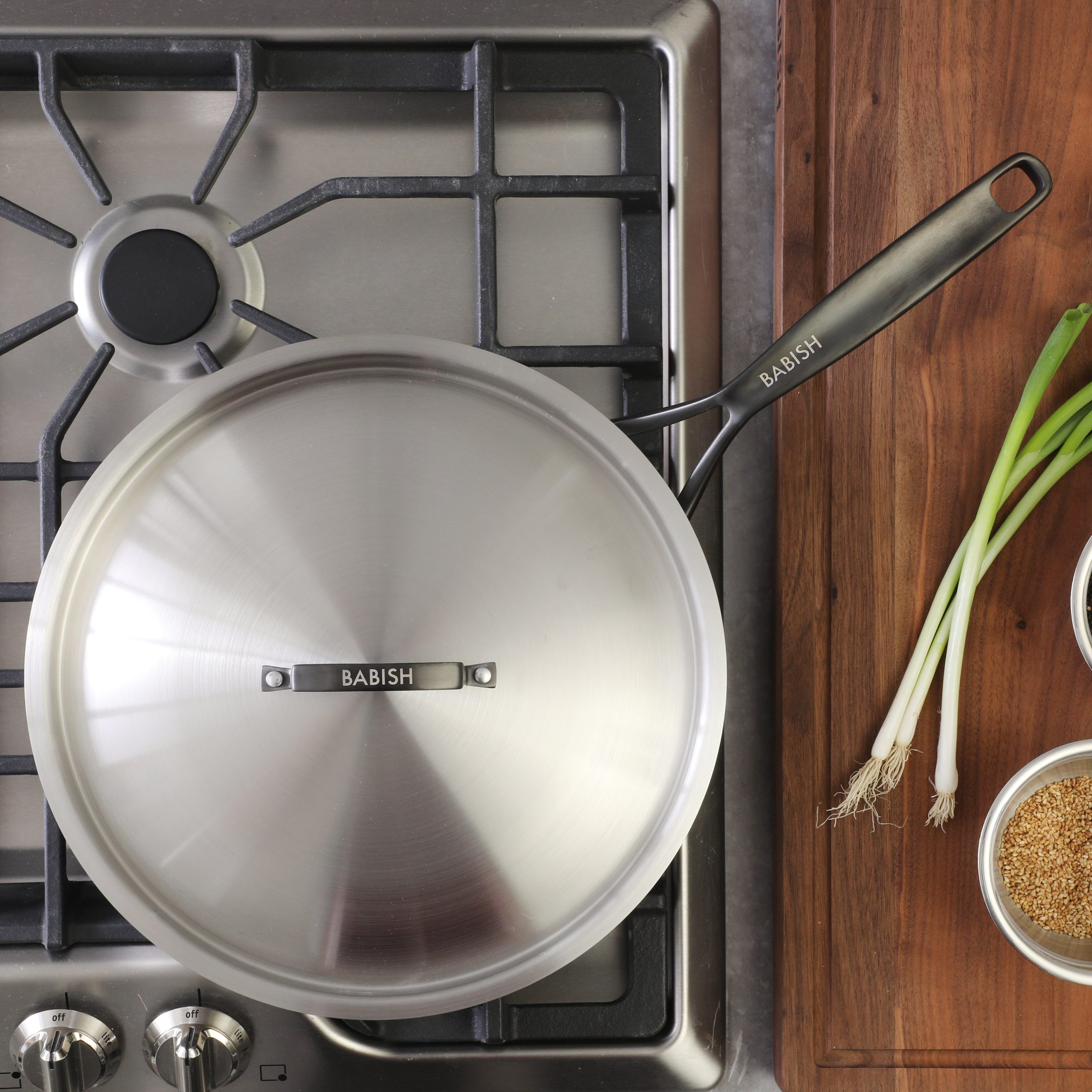 Babish 12-Inch Tri-Ply Stainless Steel Frying Pan with Lid & Black Handle – Professional Grade Skillet for Searing, Sautéing & Even Heat Cooking - Image 5