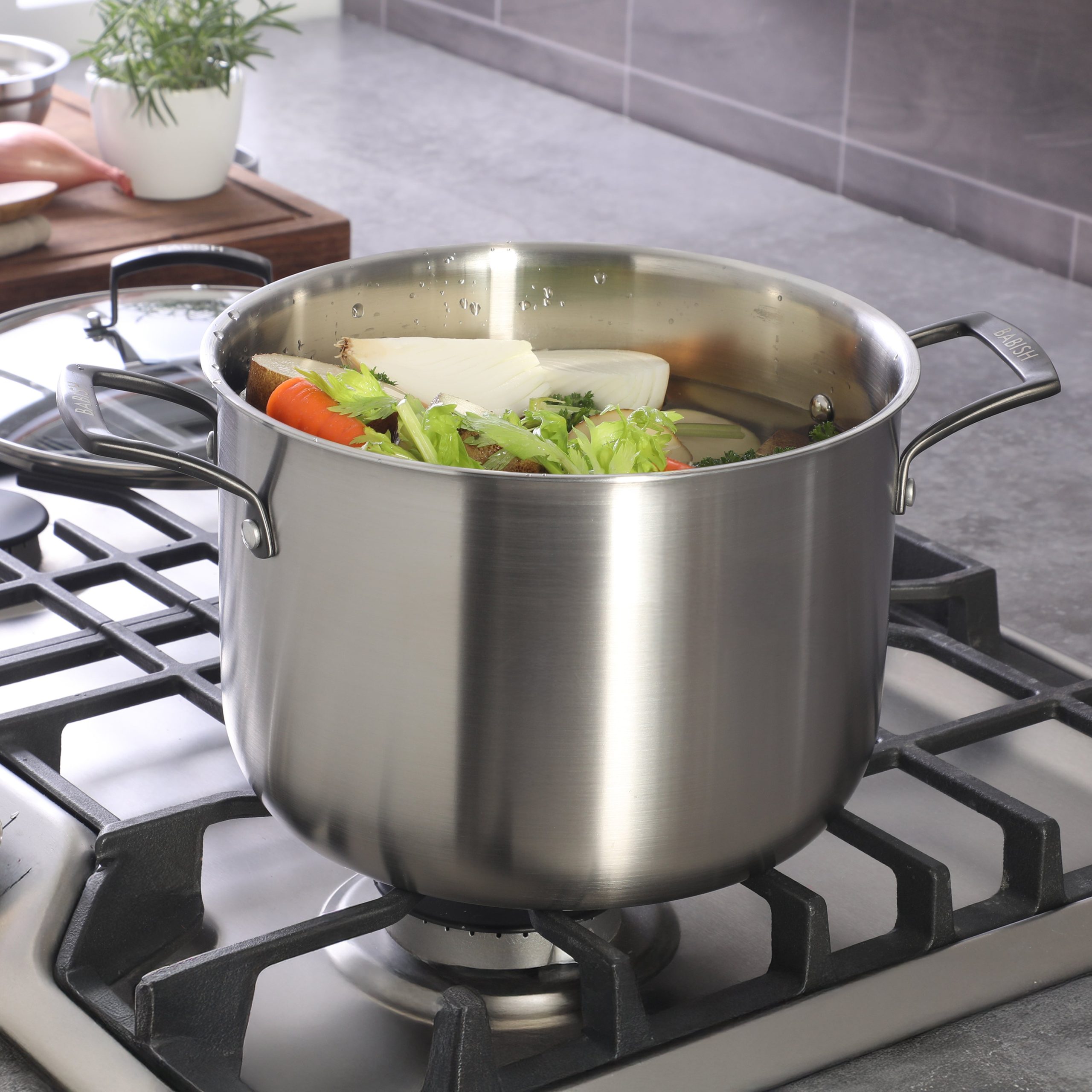 Babish 8 Quart Tri-Ply Stainless Steel Stock Pot with Glass Lid & Black Handles – Dutch Oven, Oven Safe, Dishwasher Safe - Image 3