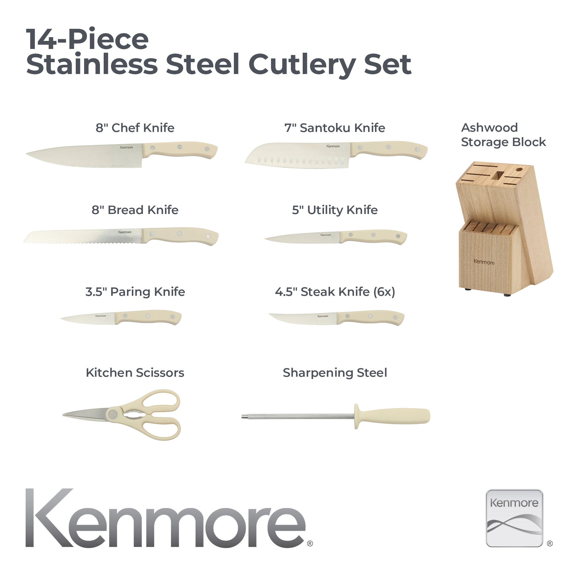 Kenmore Kane 14-Piece Cutlery Set w/ Rubber Coated Wood Knife Block - Image 9
