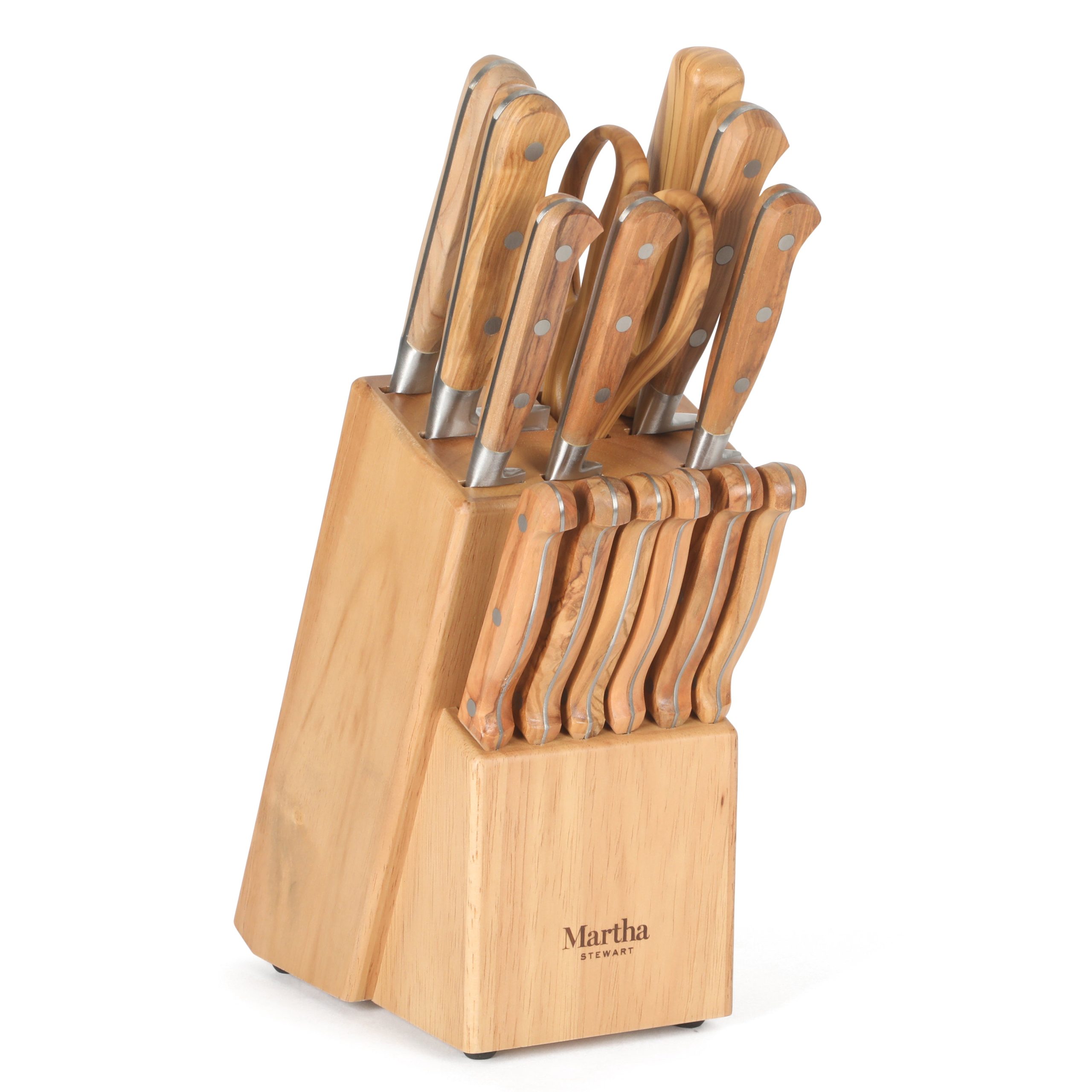 Martha Stewart 15 Piece Austenwood German Stainless Steel Cutlery Kitchen Knife Block Set W/ Italian Olive Wood Forged Handle & Wood Block - Image 10