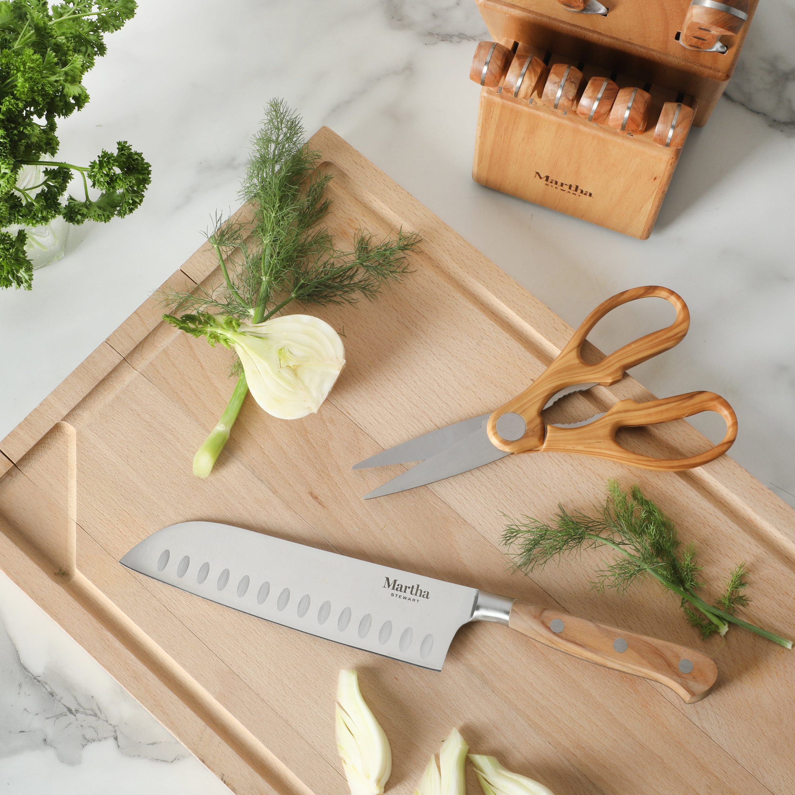 Martha Stewart 15 Piece Austenwood German Stainless Steel Cutlery Kitchen Knife Block Set W/ Italian Olive Wood Forged Handle & Wood Block - Image 3