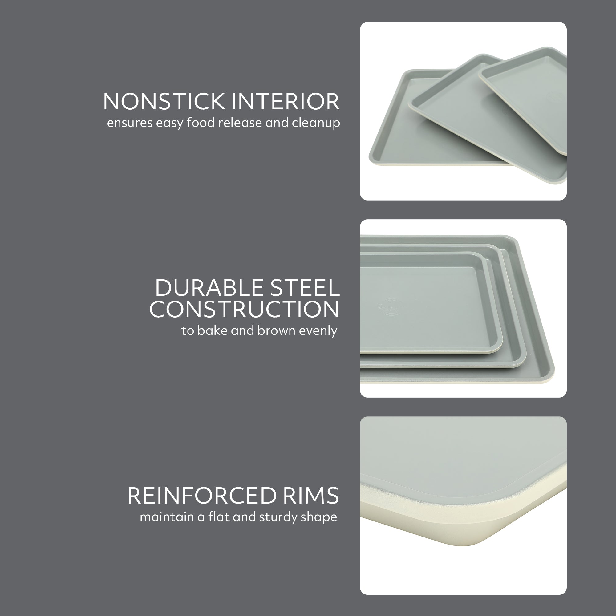Sur La Table Kitchen Essentials Bake Sale 3-Piece Cookie Sheet Set – Nonstick Carbon Steel Baking Pans (13, 15, 18 Inch) – Grey Easy-Clean Oven Trays for Cookies, Roasting & More - Image 4