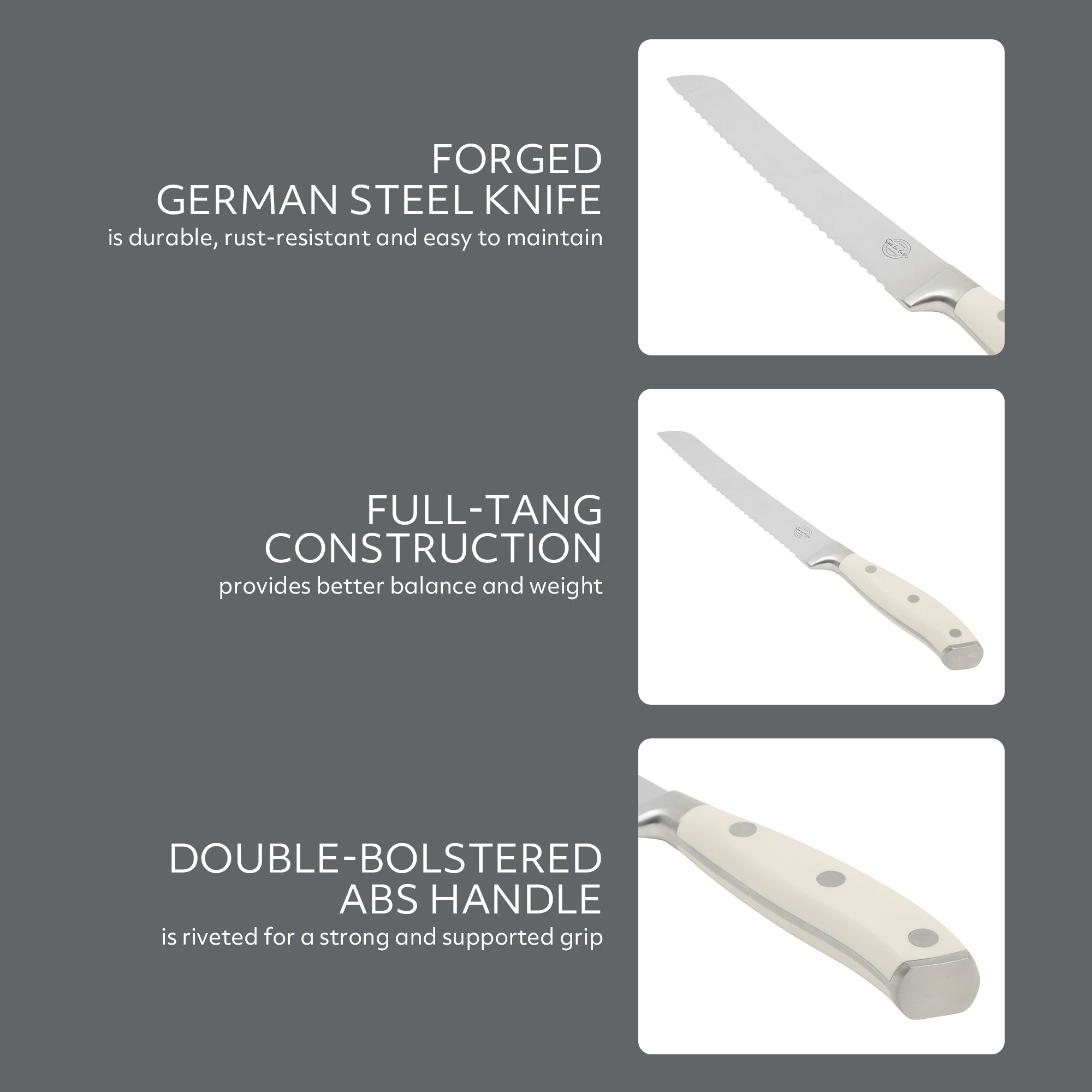 Sur La Table Kitchen Essentials Tasting Kitchen German Steel Bread Knife, 8-Inch Stainless Steel Blade – Professional Kitchen Knife with White Handle and Forged Full Tang - Image 5