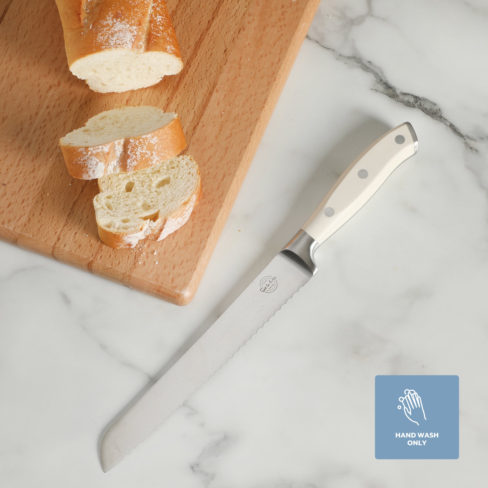 Sur La Table Kitchen Essentials Tasting Kitchen German Steel Bread Knife, 8-Inch Stainless Steel Blade – Professional Kitchen Knife with White Handle and Forged Full Tang - Image 6