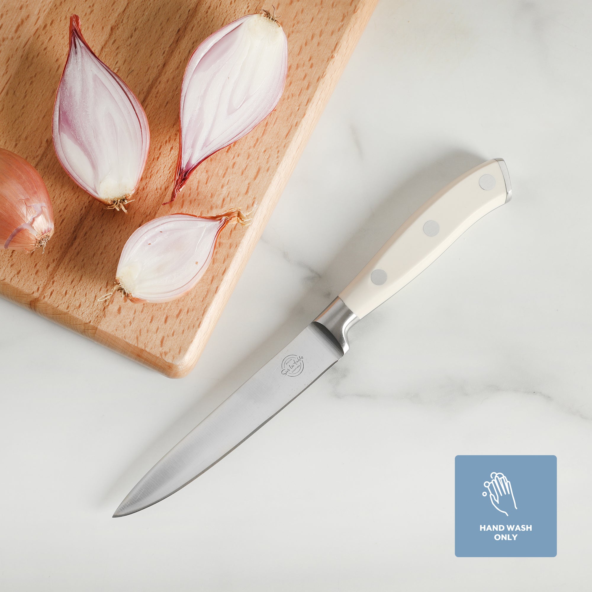 Sur La Table Kitchen Essentials Tasting Kitchen German Steel Utility Knife, 5-Inch Stainless Steel Blade – Professional Kitchen Knife with White Handle and Forged Full Tang - Image 6