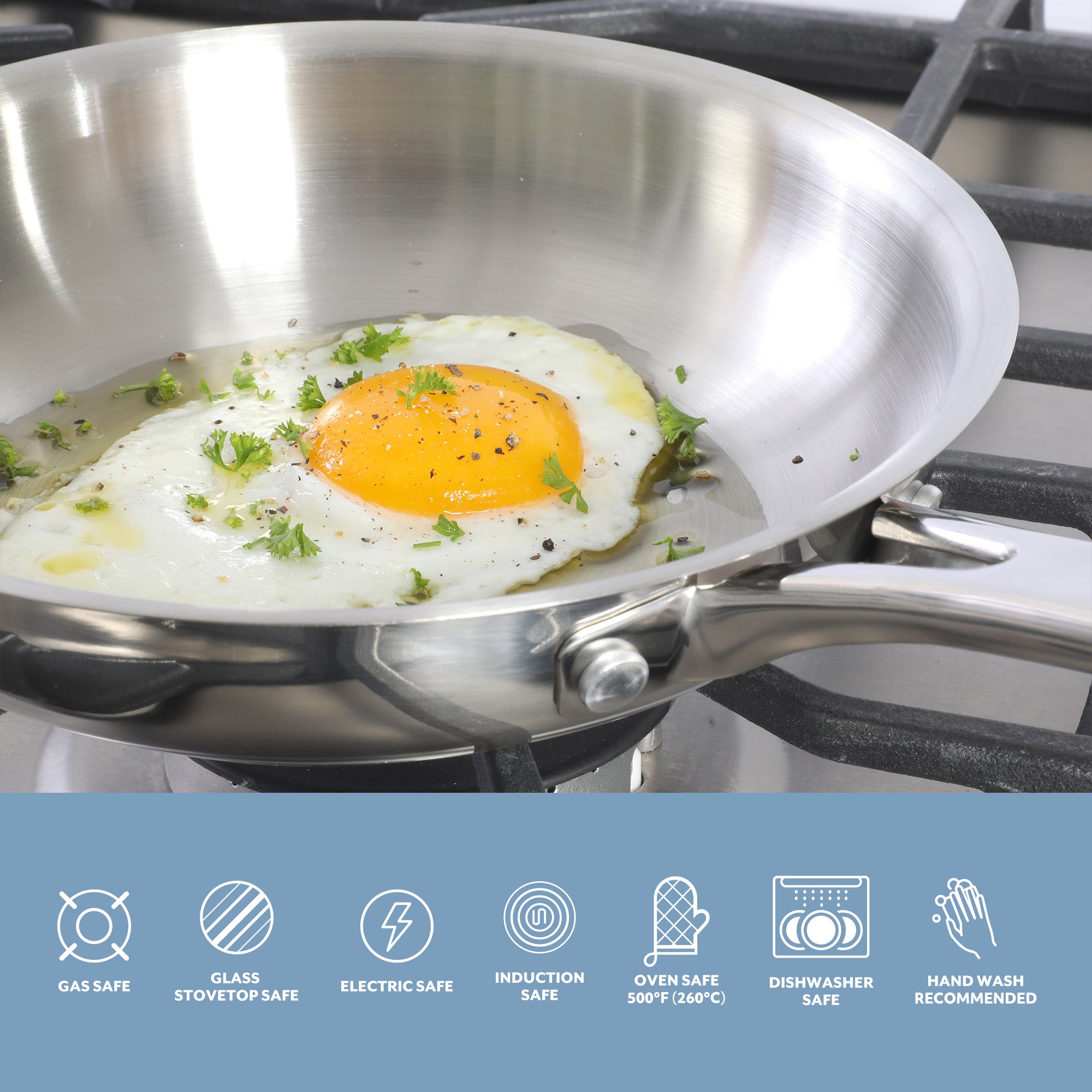 Sur La Table Kitchen Essentials Chef's Deck Stainless Steel Frying Pan – Induction Ready Skillet with Tri-Ply Base, Polished Finish & Hollow Stay-Cool Handle - Image 6