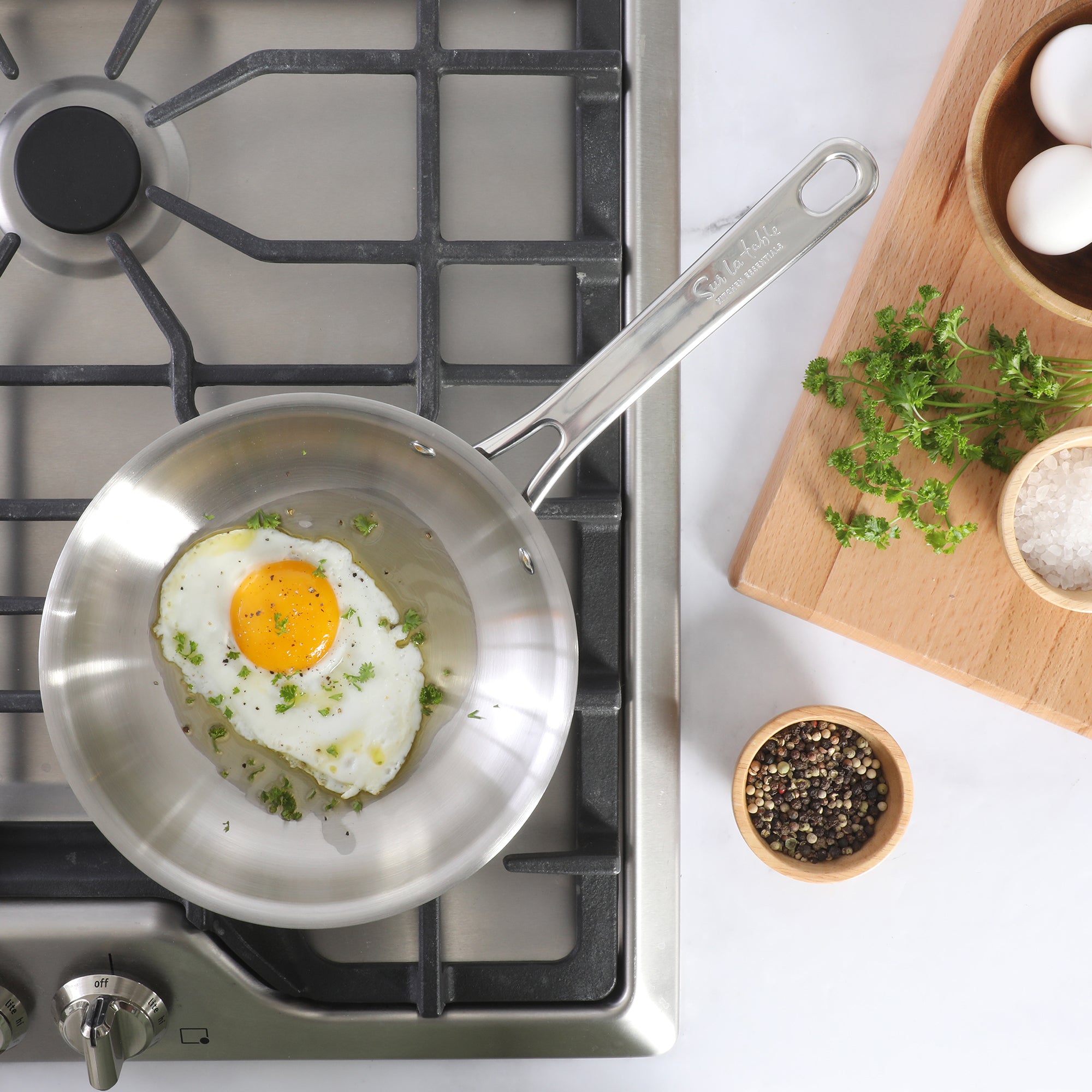 Sur La Table Kitchen Essentials Chef's Deck Stainless Steel Frying Pan – Induction Ready Skillet with Tri-Ply Base, Polished Finish & Hollow Stay-Cool Handle - Image 2