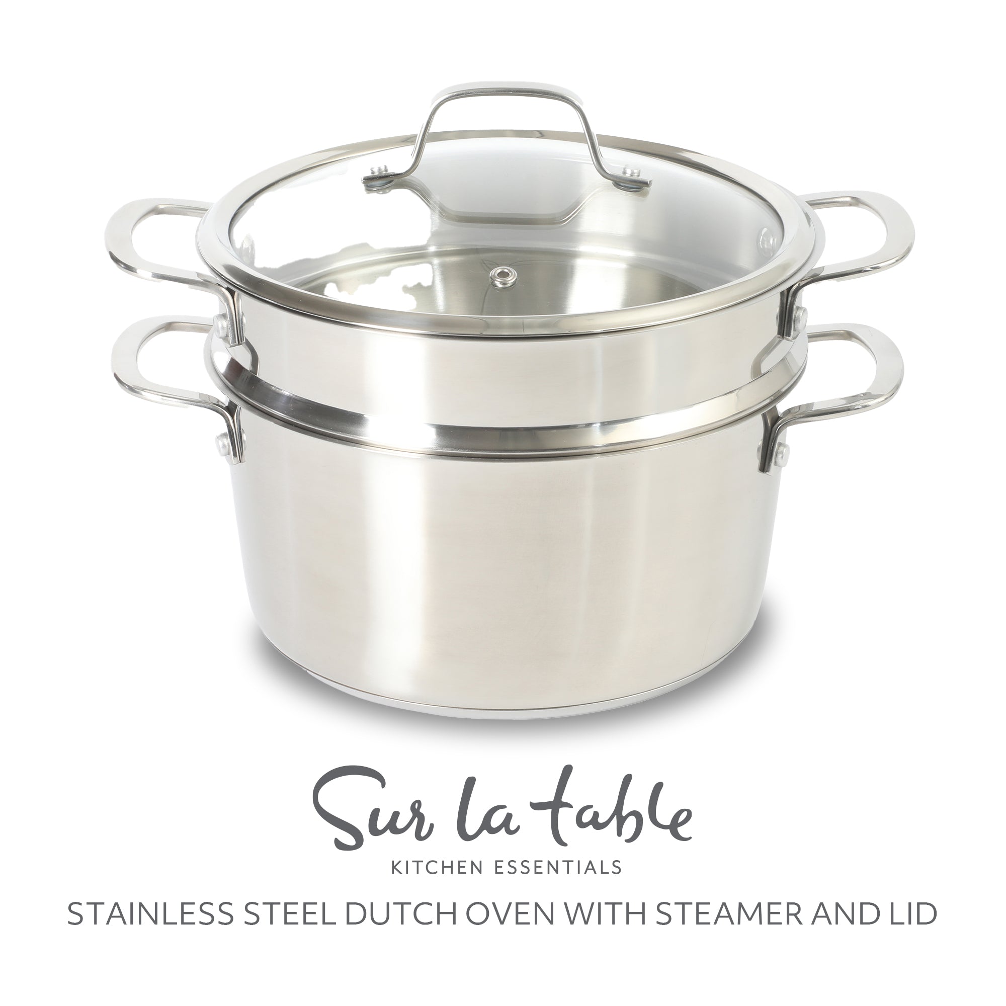 Sur La Table Kitchen Essentials Chef's Deck 3-Piece 5.3-Quart Stainless Steel Dutch Oven with Steamer Insert & Glass Lid – Induction Ready, Tri-Ply Base, Polished Finish & Hollow Stay-Cool Handles - Image 3