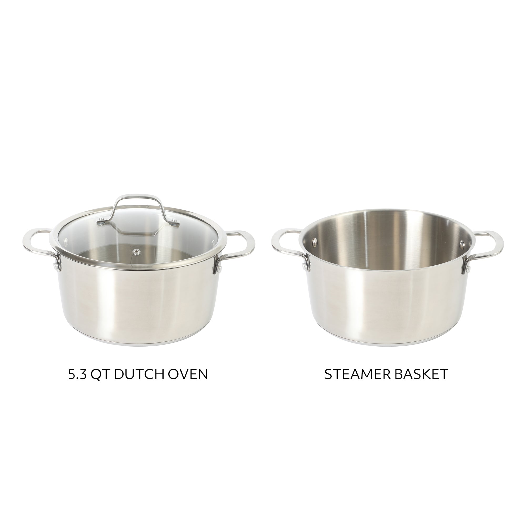 Sur La Table Kitchen Essentials Chef's Deck 3-Piece 5.3-Quart Stainless Steel Dutch Oven with Steamer Insert & Glass Lid – Induction Ready, Tri-Ply Base, Polished Finish & Hollow Stay-Cool Handles - Image 4