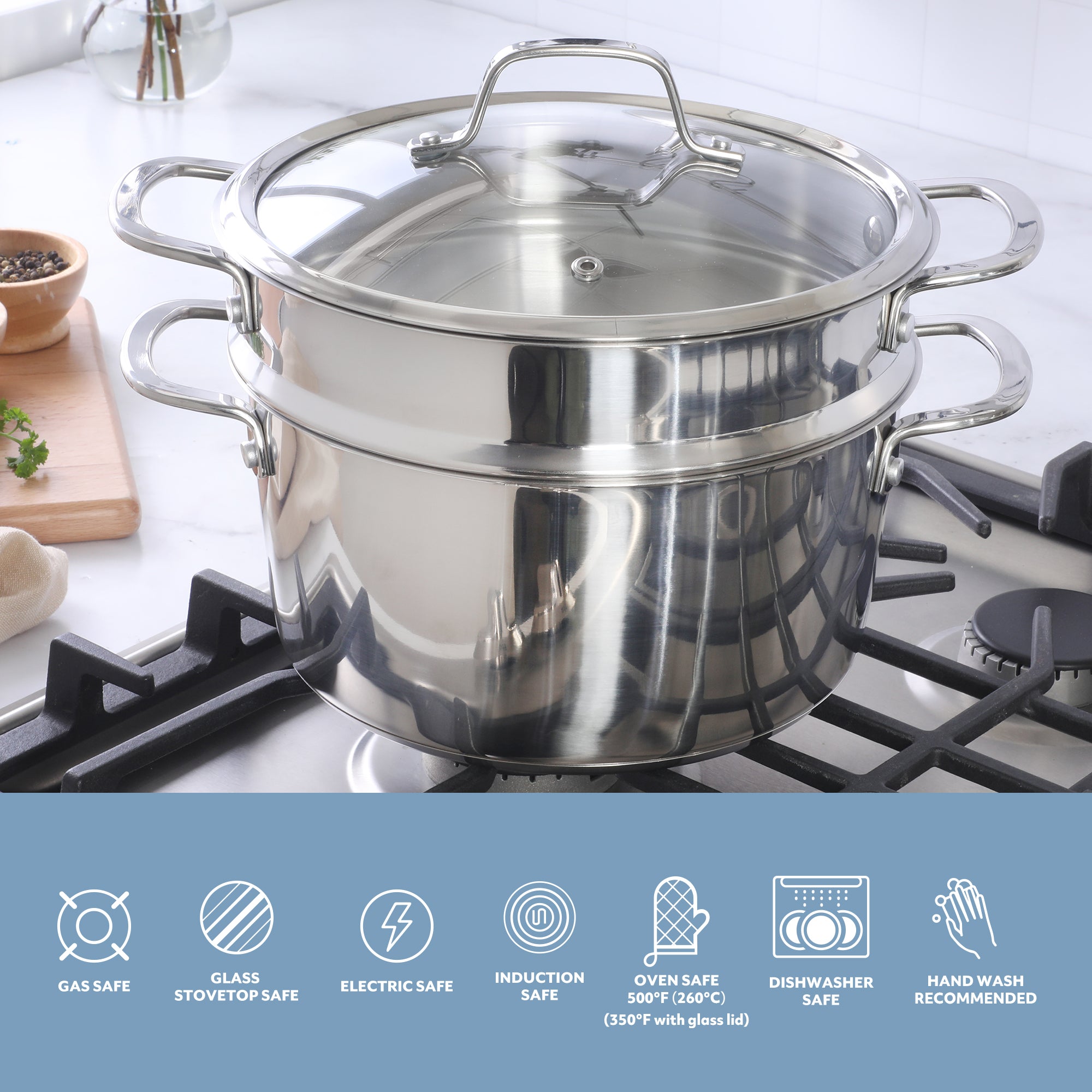 Sur La Table Kitchen Essentials Chef's Deck 3-Piece 5.3-Quart Stainless Steel Dutch Oven with Steamer Insert & Glass Lid – Induction Ready, Tri-Ply Base, Polished Finish & Hollow Stay-Cool Handles - Image 7