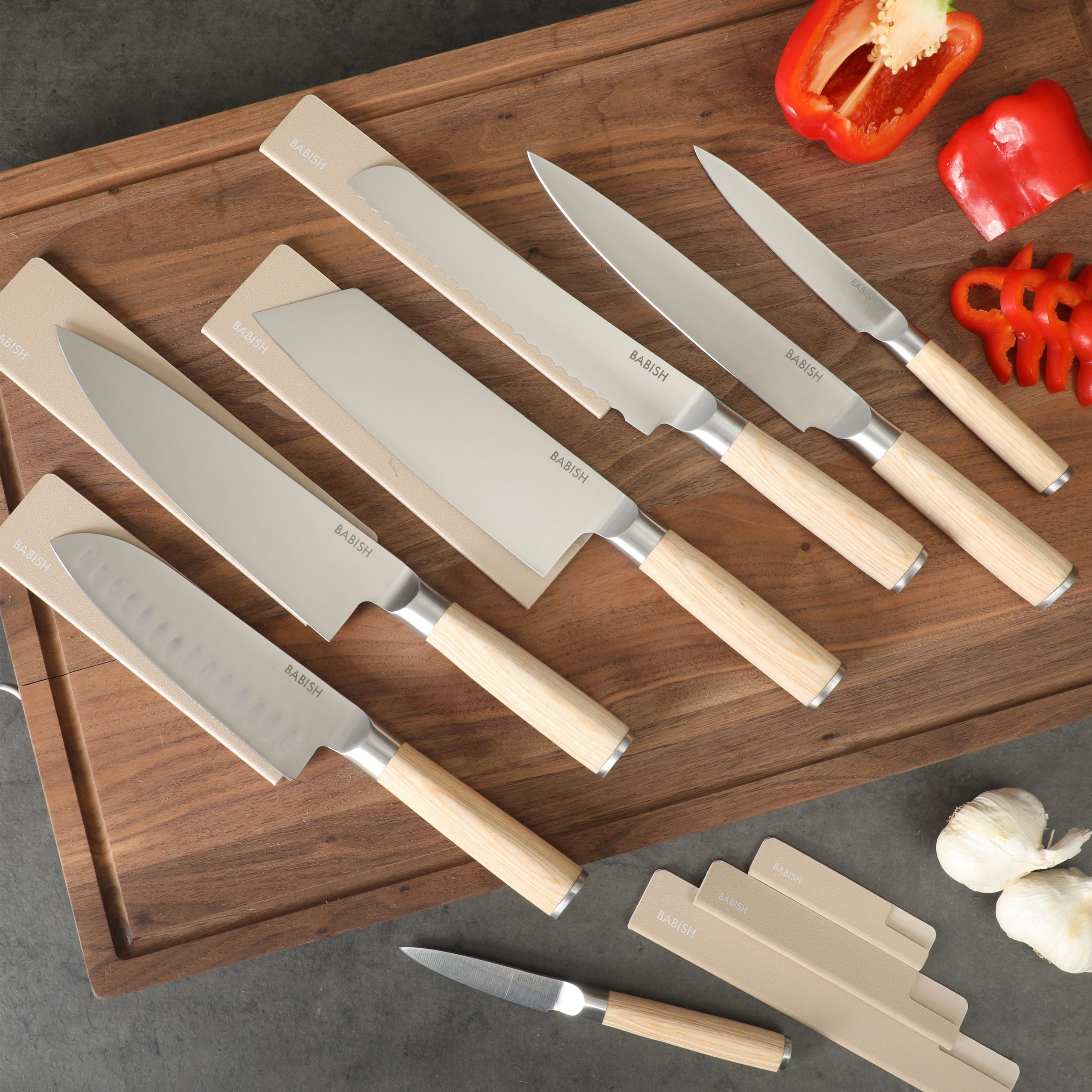 Babish 14-Piece Full Tang Forged Light/Dark Pakka Wood Kitchen Knife Set – High-Carbon 1.4116 German Steel Cutlery with Protective Sheaths – Professional Chef Knife Set - Image 2