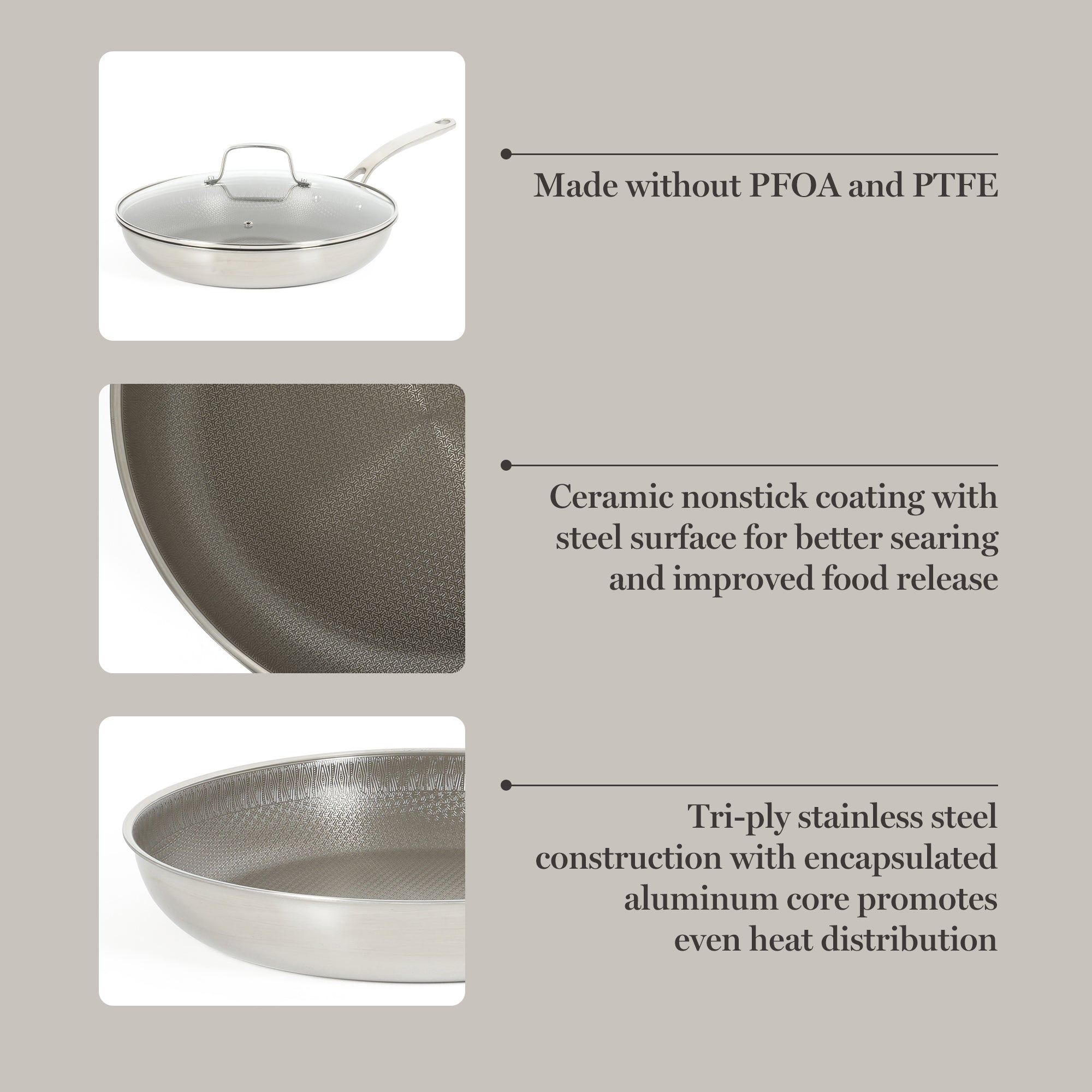 Martha Stewart Badgley Hybrid Nonstick 12 Inch TriPly Stainless Steel Large Fry Pan With Lid & Stay Cool Handle - Laser Etched Non-Toxic Nonstick Skillet - Dishwasher and Induction Safe - Image 4