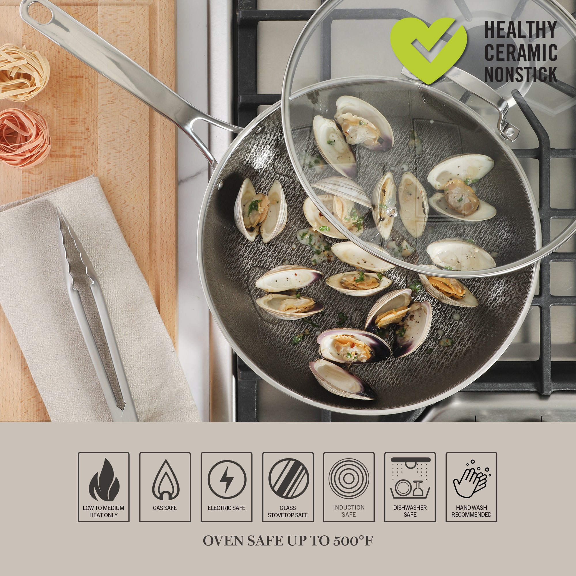 Martha Stewart Badgley Hybrid Nonstick 12 Inch TriPly Stainless Steel Large Fry Pan With Lid & Stay Cool Handle - Laser Etched Non-Toxic Nonstick Skillet - Dishwasher and Induction Safe - Image 6