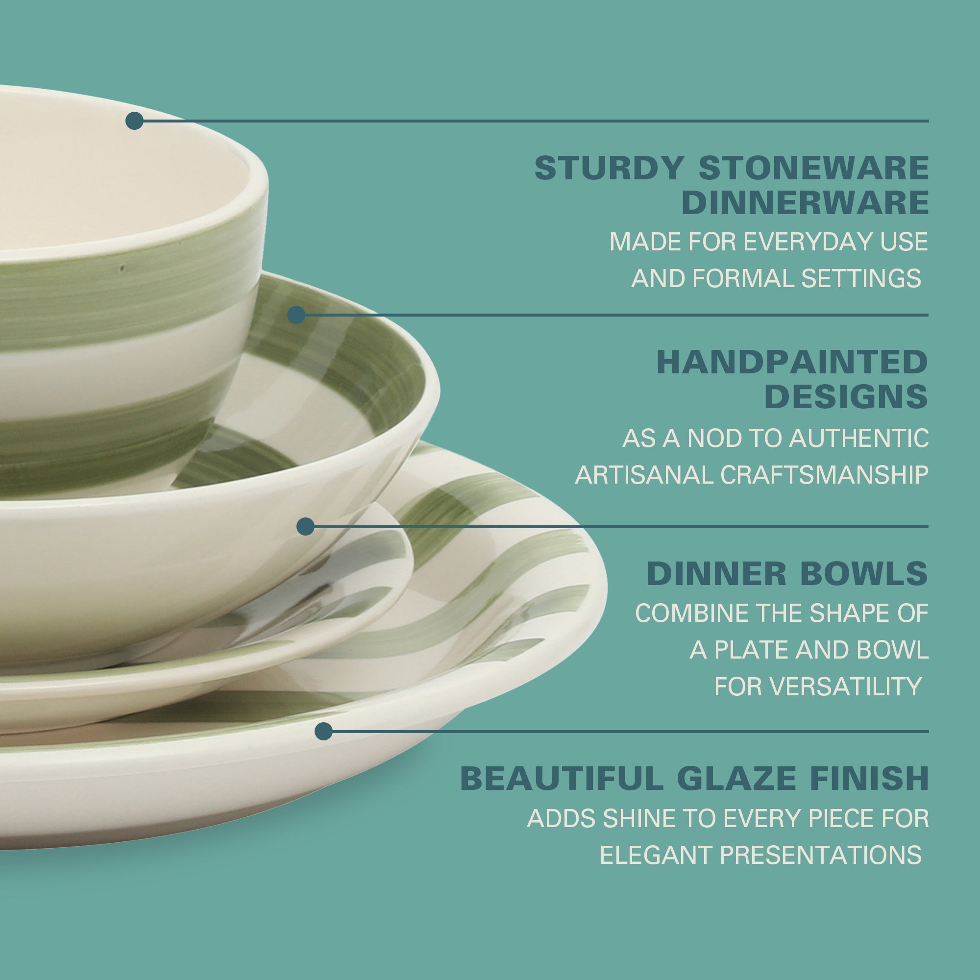 Gibson Home Kenwood Shores 16 Piece Dinnerware Set, Striped, Stoneware, Hand-Painted Plates and Bowls, Service for 4, Microwave & Dishwasher Safe - Image 8