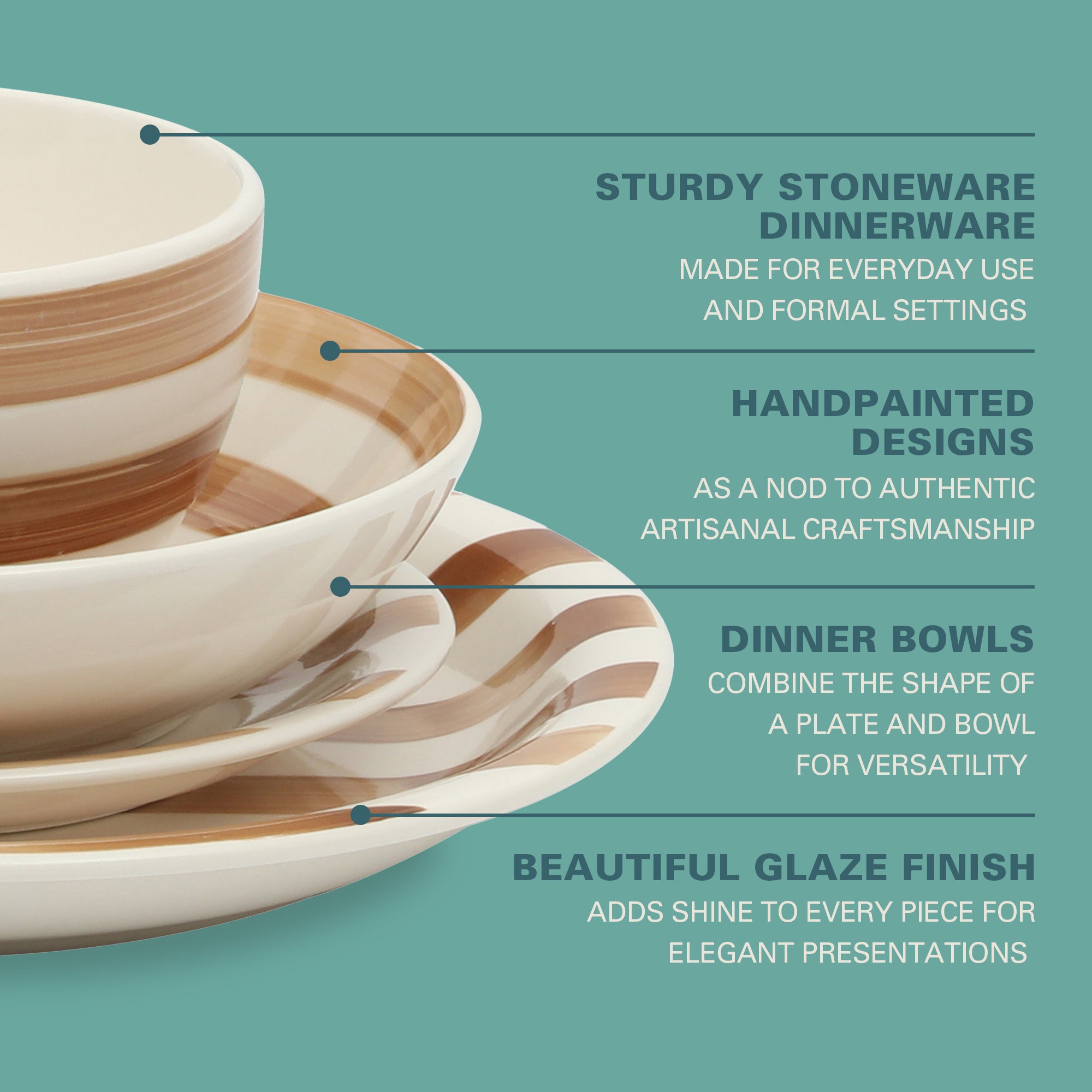 Gibson Home Kenwood Shores 16 Piece Dinnerware Set, Striped, Stoneware, Hand-Painted Plates and Bowls, Service for 4, Microwave & Dishwasher Safe - Image 3