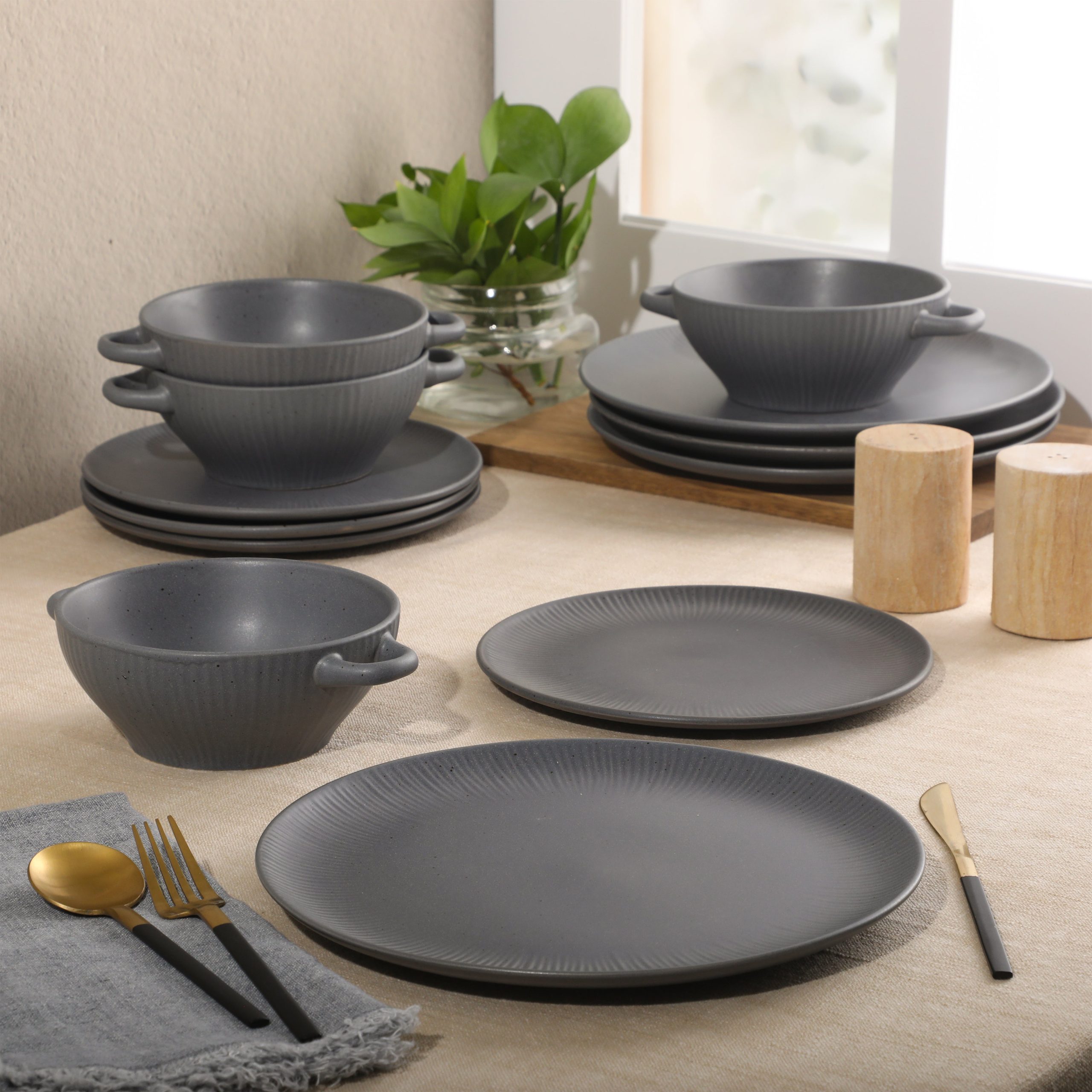 Gibson Elite Clover Hill 12-Piece Stoneware Dinnerware Set – Embossed Plates and Bowls with Matte Speckled Reactive Glaze, Service for 4 – Microwave & Dishwasher Safe - Image 4