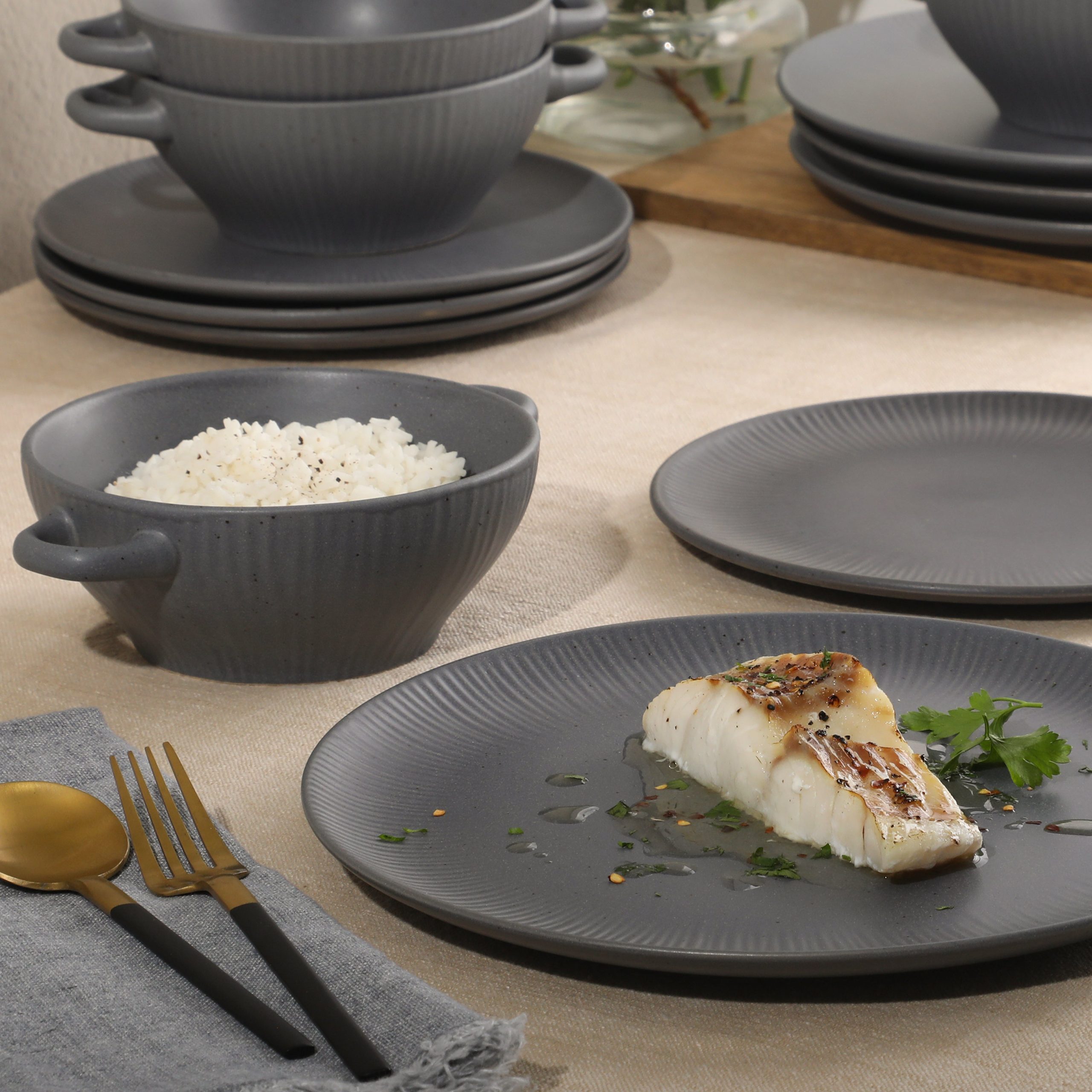 Gibson Elite Clover Hill 12-Piece Stoneware Dinnerware Set – Embossed Plates and Bowls with Matte Speckled Reactive Glaze, Service for 4 – Microwave & Dishwasher Safe - Image 3