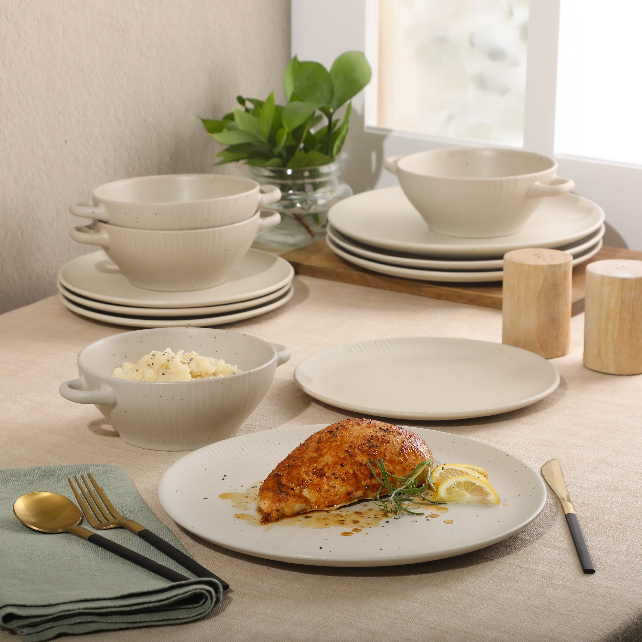 Gibson Elite Clover Hill 12-Piece Stoneware Dinnerware Set – Embossed Plates and Bowls with Matte Speckled Reactive Glaze, Service for 4 – Microwave & Dishwasher Safe - Image 9