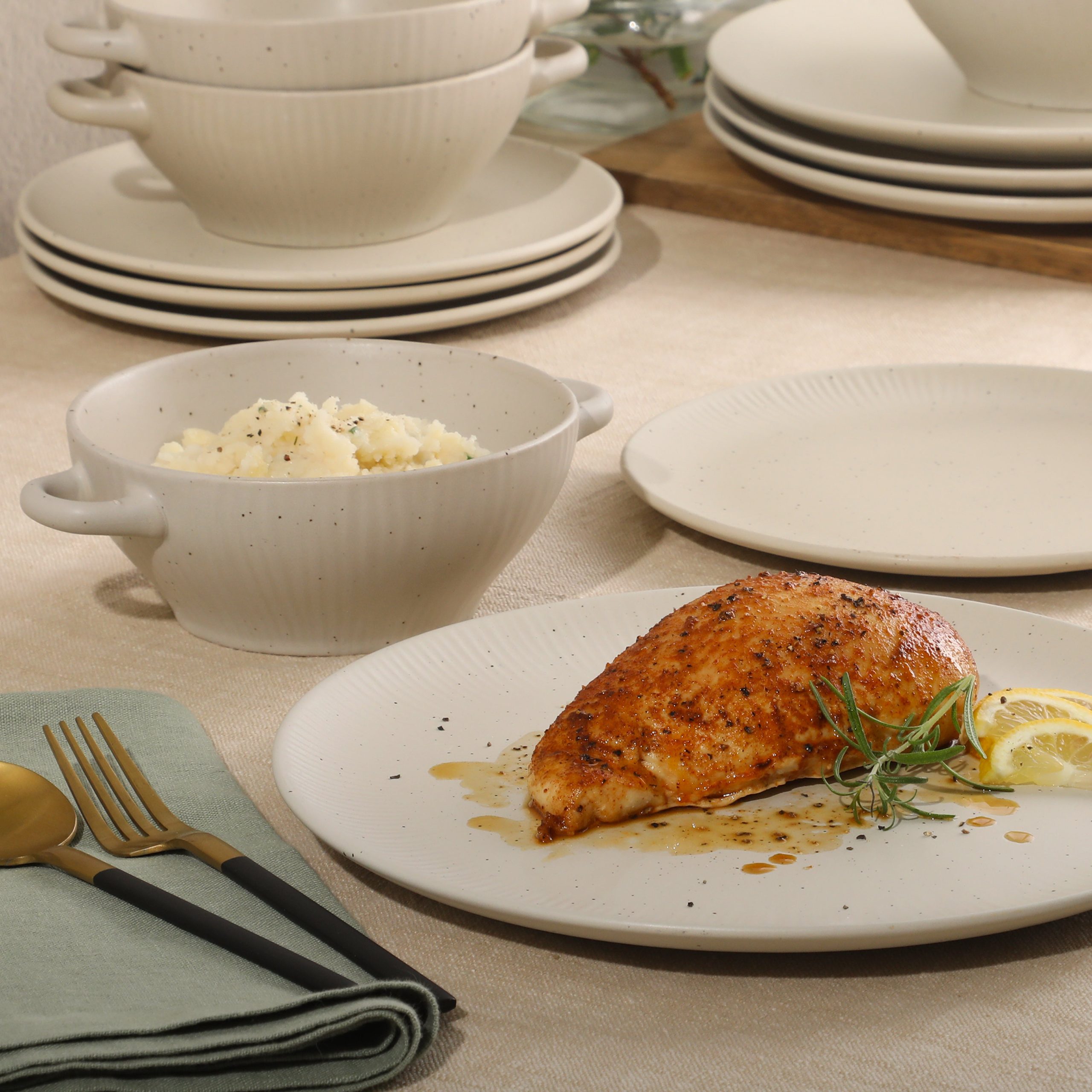 Gibson Elite Clover Hill 12-Piece Stoneware Dinnerware Set – Embossed Plates and Bowls with Matte Speckled Reactive Glaze, Service for 4 – Microwave & Dishwasher Safe - Image 10