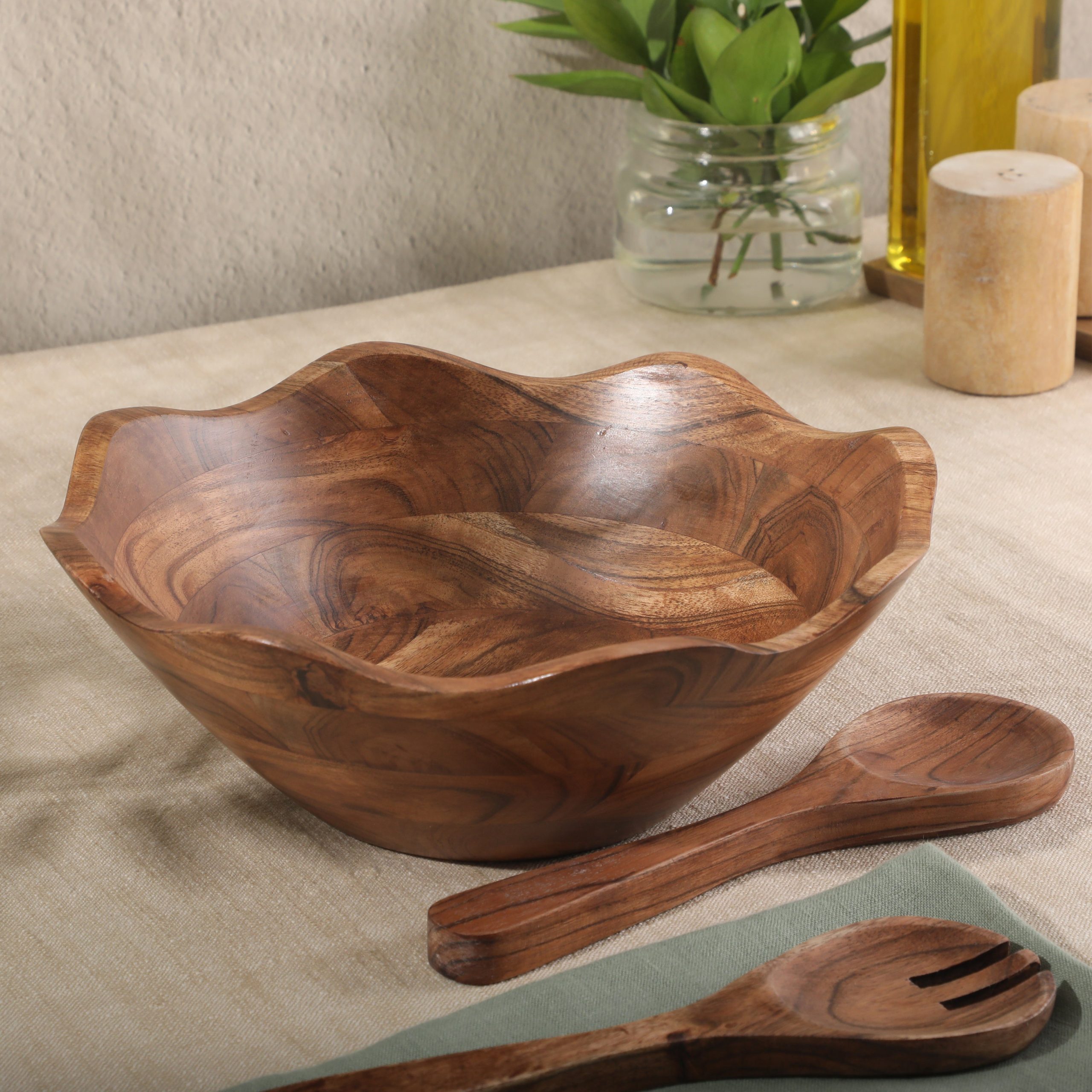 Gibson Home Sandhurst 3-Piece Acacia Wood Salad Bowl Set – 12-Inch Scalloped Serving Bowl with Wooden Salad Servers – Natural Rustic Finish for Dining, Entertaining, or Gifting - Image 4