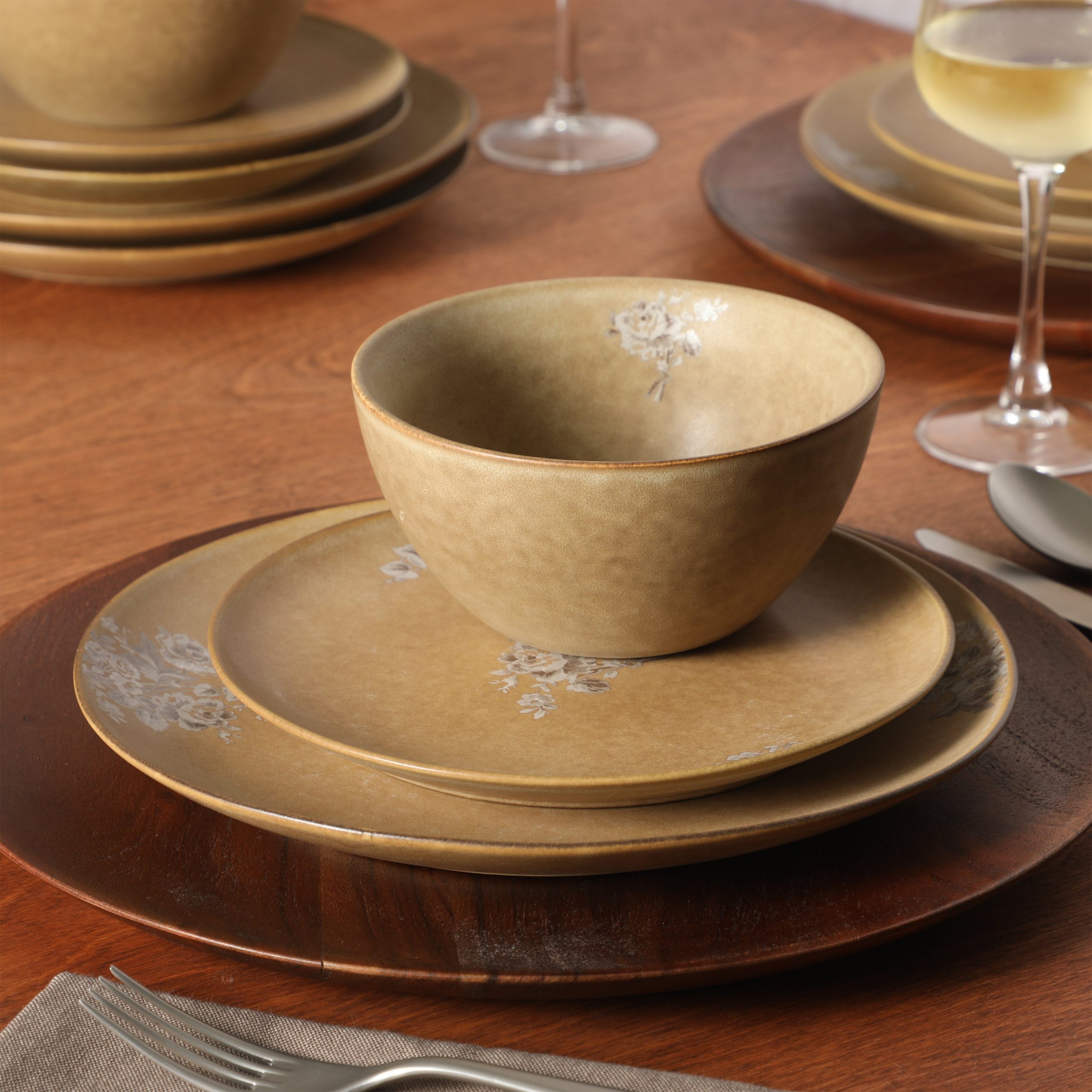 Gibson Elite Valencia Bloom 12 Piece Plates and Bowls Dinnerware Set - Taupe with Floral Decal Dishes - Microwave and Dishwasher Safe - Image 6