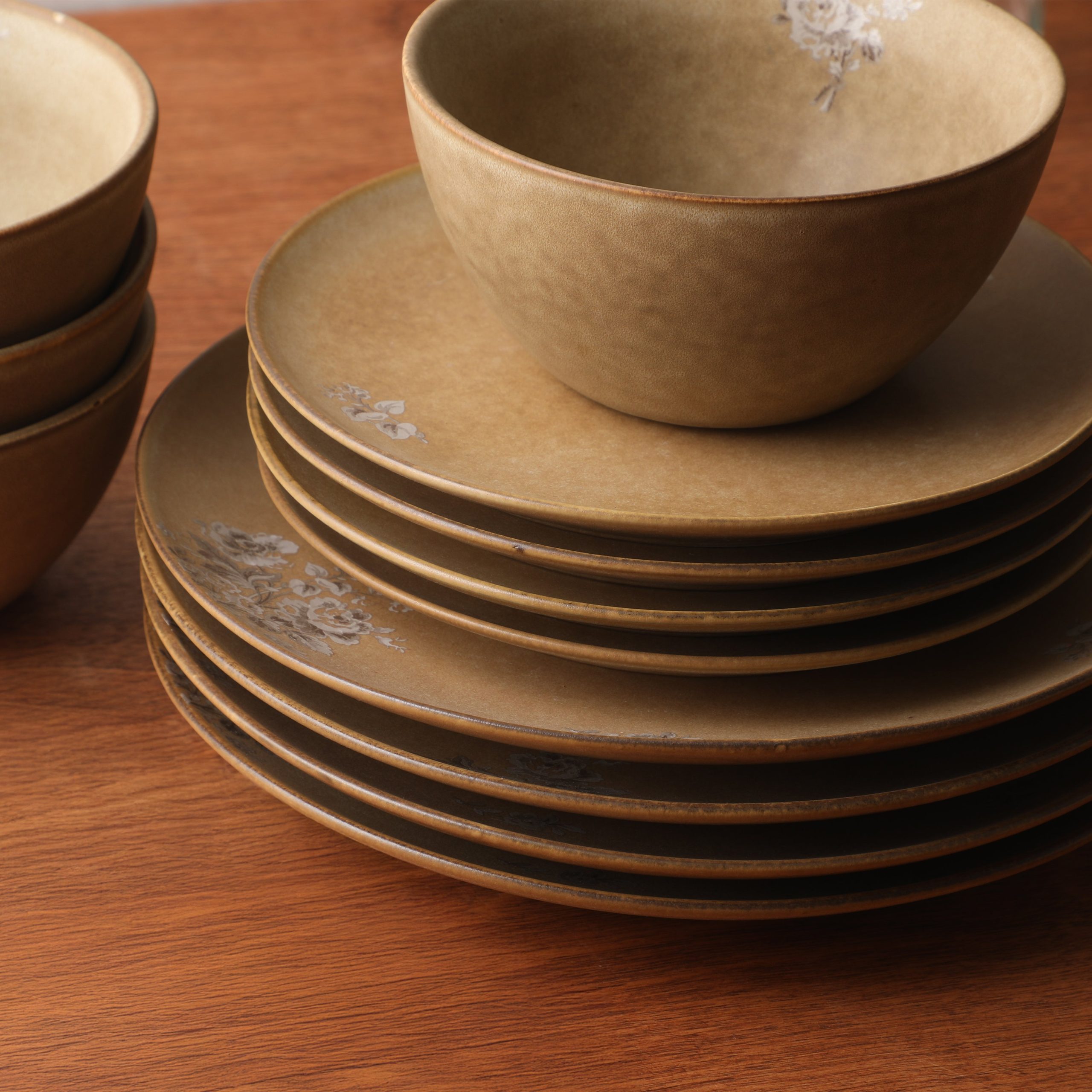 Gibson Elite Valencia Bloom 12 Piece Plates and Bowls Dinnerware Set - Taupe with Floral Decal Dishes - Microwave and Dishwasher Safe - Image 3
