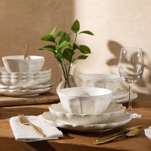 Bloomhouse - 2 Time Oprah's Favorite Things - Yuelu Bloom Dinnerware Set - Scallop Embossed 16 Piece (Service for 4) Plates and Bowls Set - Jasmine White